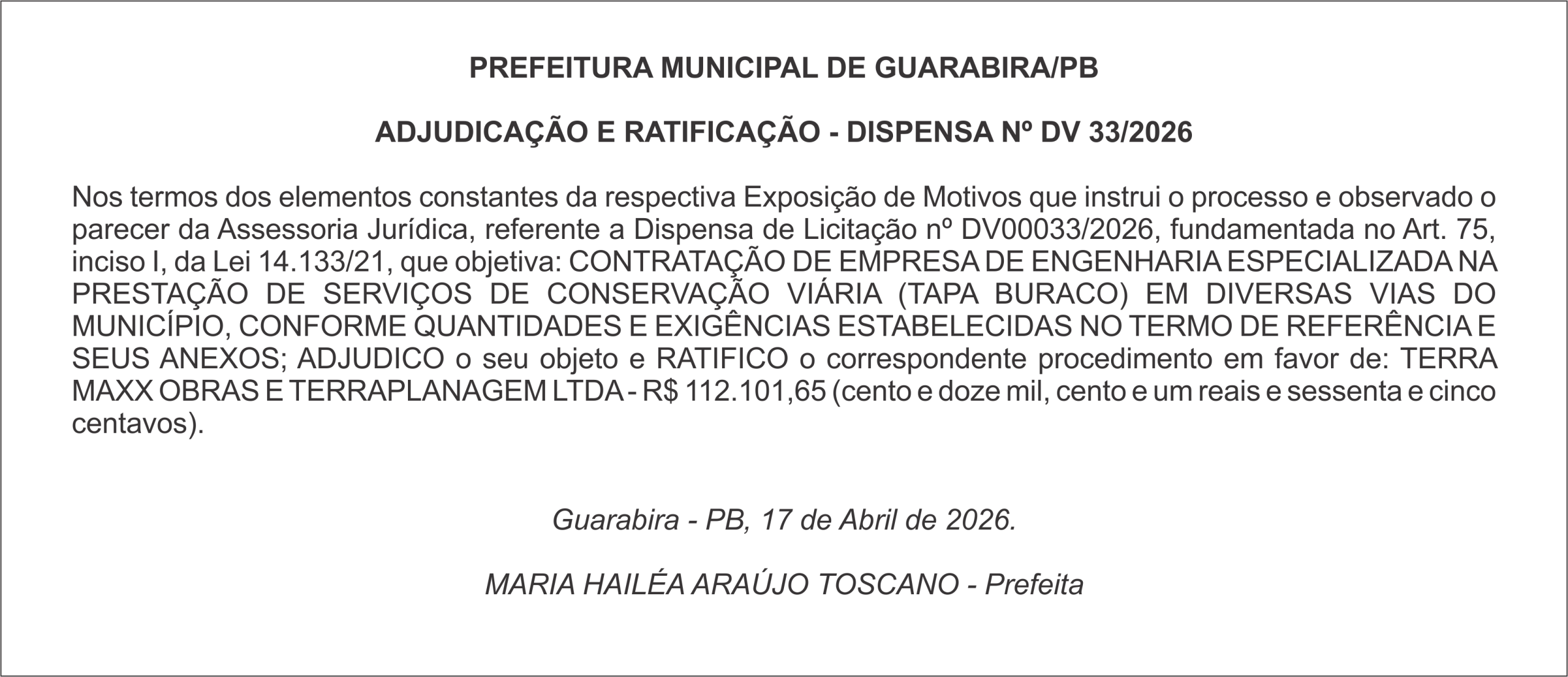 PREFEITURA MUNICIPAL DE GUARABIRA/PB ADJUDICAÇÃO E RATIFICAÇÃO – DISPENSA Nº DV 33/2026
