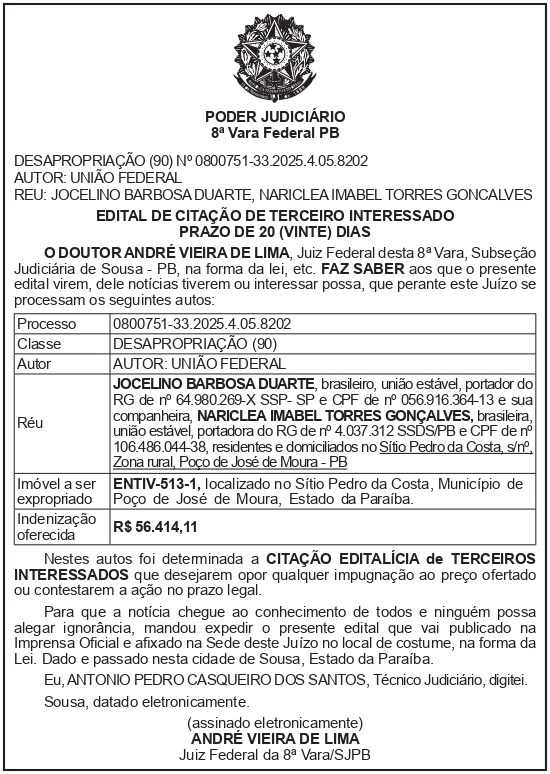 SECRETARIA NACIONAL DE SEGURANÇA HIDRICA – SNSH – MDR – DF – BRASÍLIA – Edital de Citação de Terceiro Interessado – ENTIV-513-1 (JOCELINO BARBOSA DUARTE)