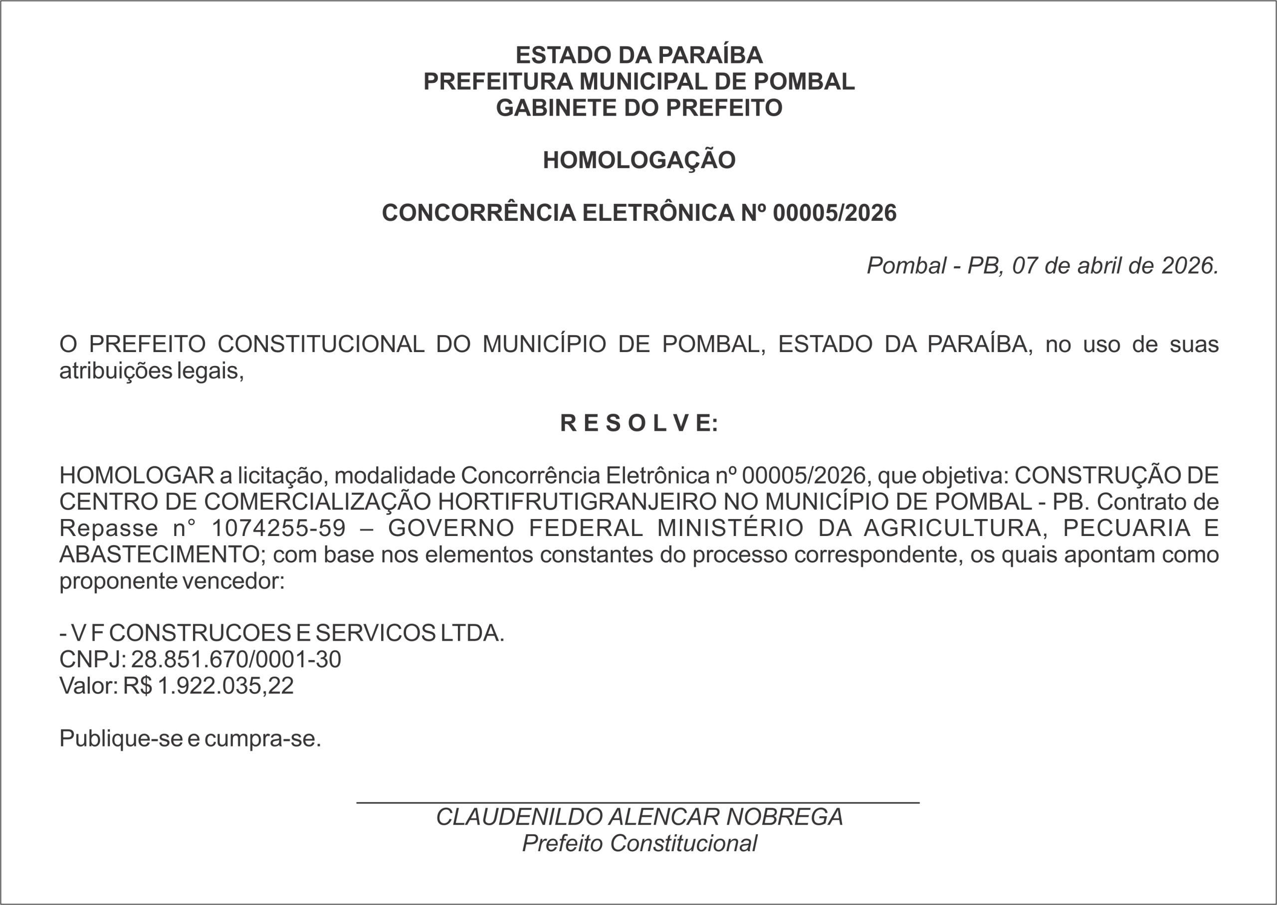 PREFEITURA MUNICIPAL DE POMBAL – HOMOLOGAÇÃO – CONCORRÊNCIA ELETRÔNICA Nº 00005/2026