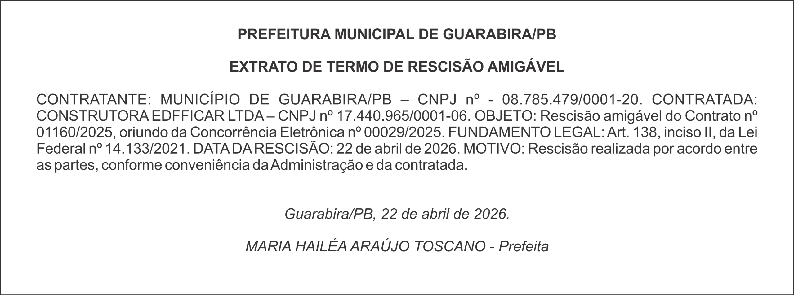 PREFEITURA MUNICIPAL DE GUARABIRA/PB – EXTRATO DE TERMO DE RESCISÃO AMIGÁVEL