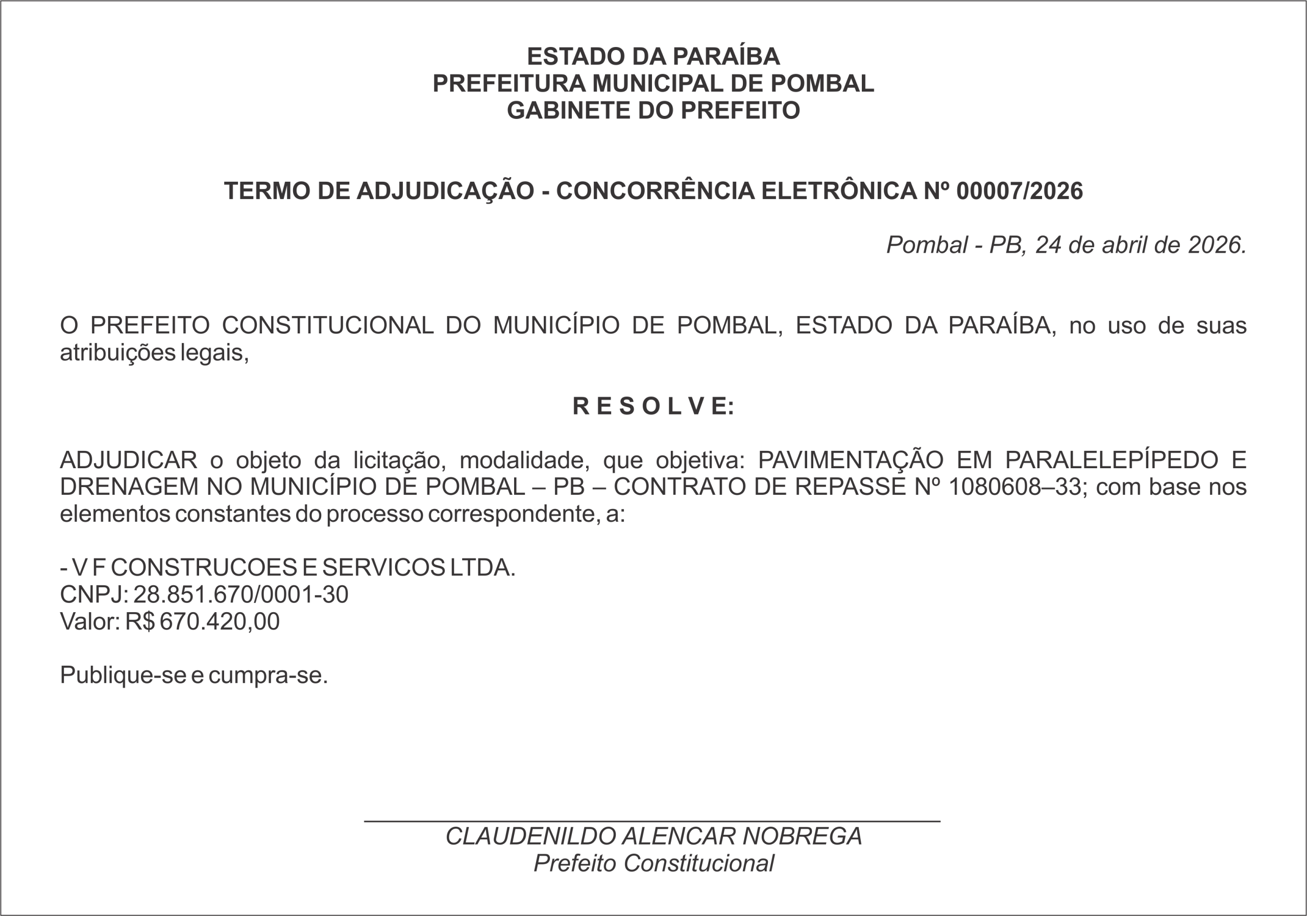 PREFEITURA MUNICIPAL DE POMBAL – TERMO DE ADJUDICAÇÃO – CONCORRÊNCIA ELETRÔNICA Nº  00007/2026