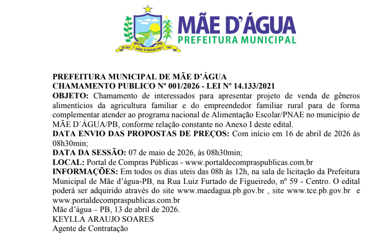 PREFEITURA MUNICIPAL DE MÃE D’ÁGUA – CHAMAMENTO PUBLICO No 001/2026