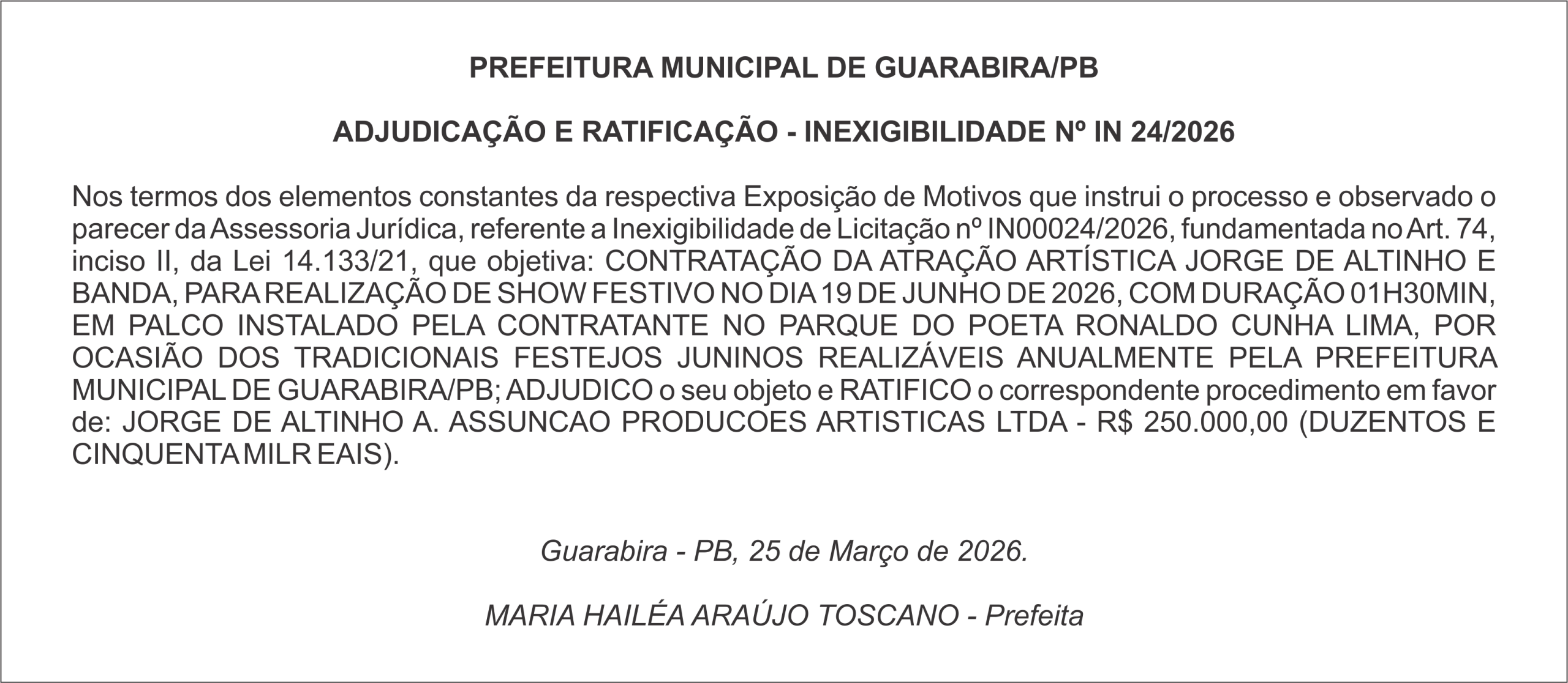 PREFEITURA MUNICIPAL DE GUARABIRA/PB ADJUDICAÇÃO E RATIFICAÇÃO – INEXIGIBILIDADE Nº IN 24/2026