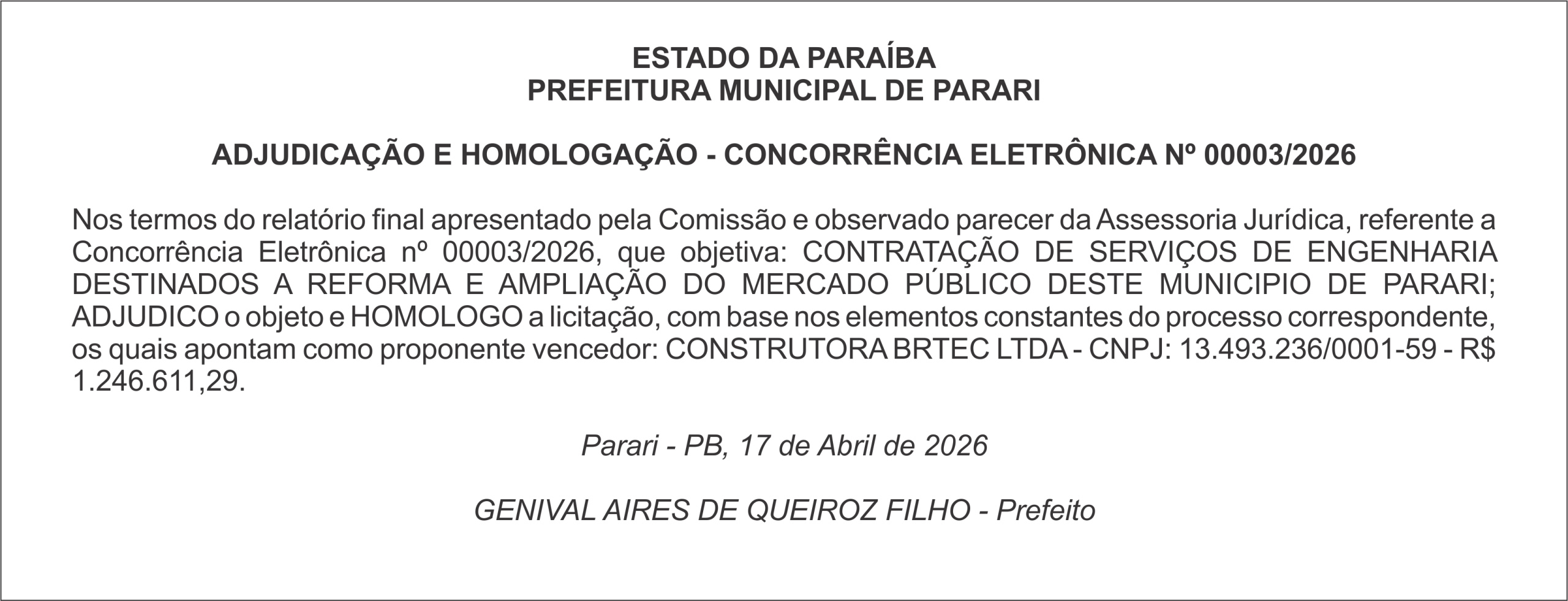 PREFEITURA MUNICIPAL DE PARARI – ADJUDICAÇÃO E HOMOLOGAÇÃO – CONCORRÊNCIA ELETRÔNICA Nº 00003/2026