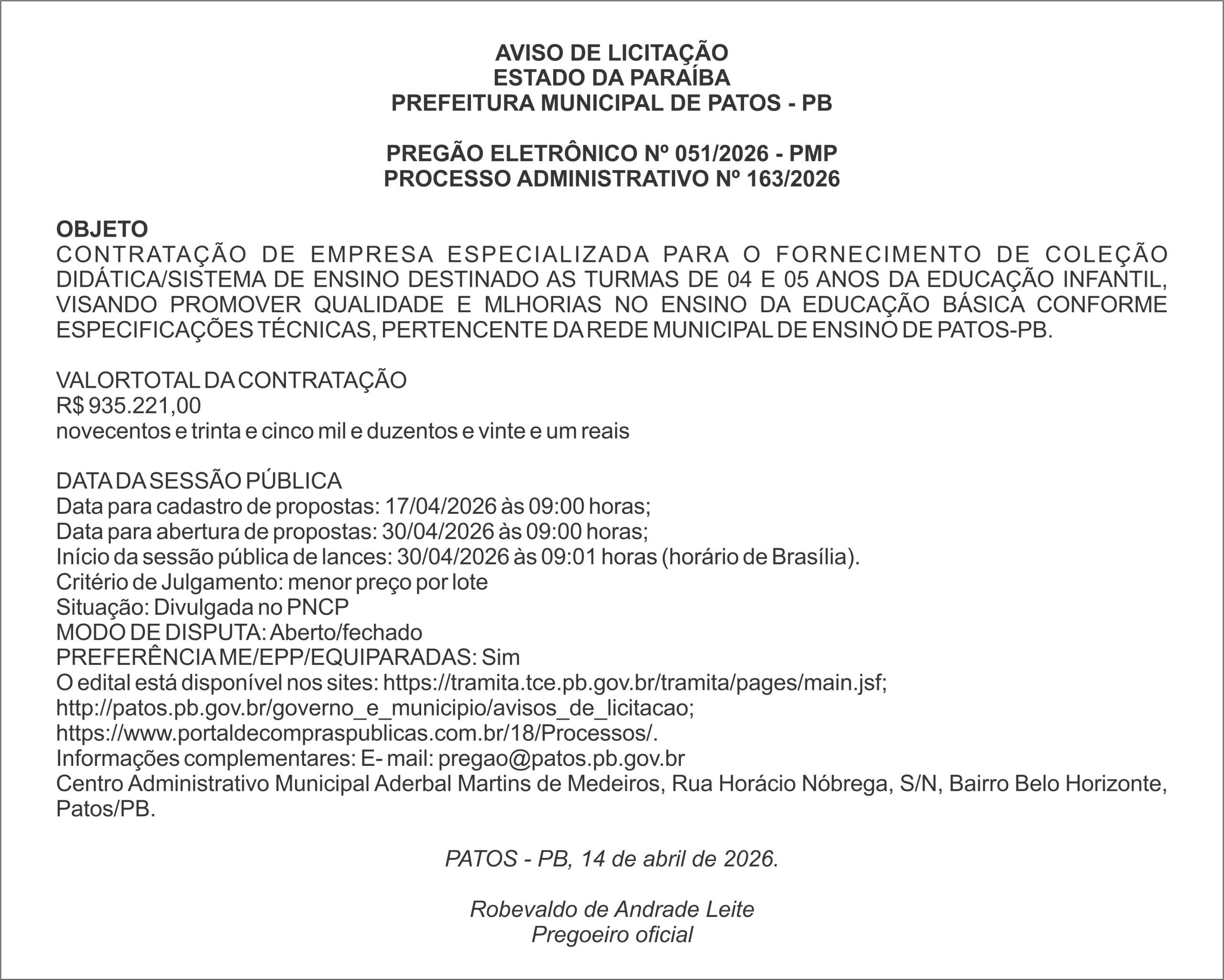 PREFEITURA MUNICIPAL DE PATOS – PB-  PREGÃO ELETRÔNICO Nº 051/2026 – PMP