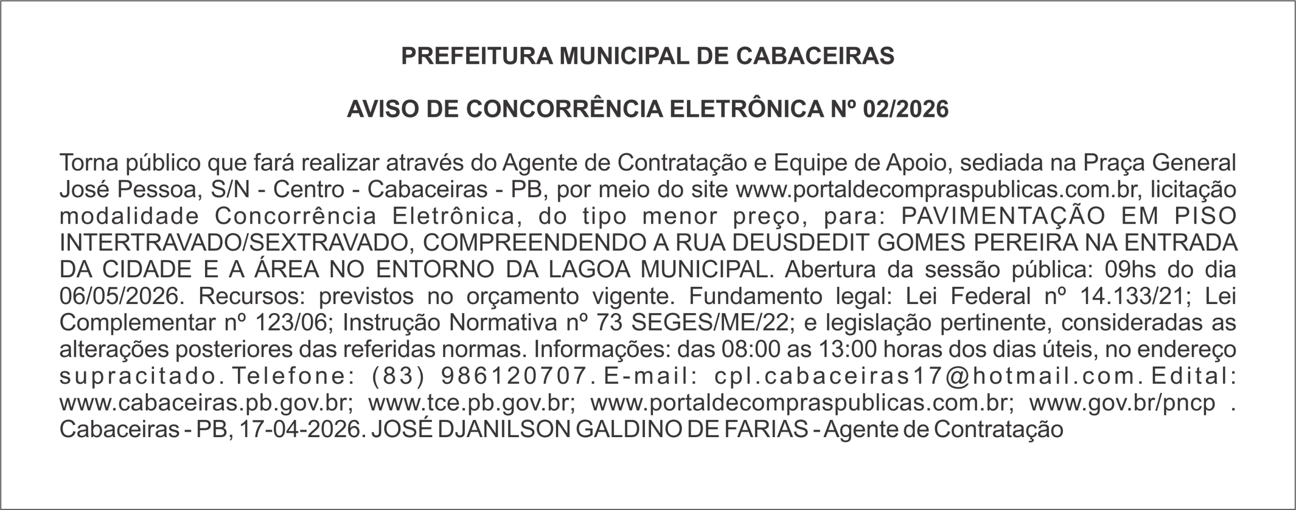 PREFEITURA MUNICIPAL DE CABACEIRAS – AVISO DE CONCORRÊNCIA ELETRÔNICA Nº 02/2026