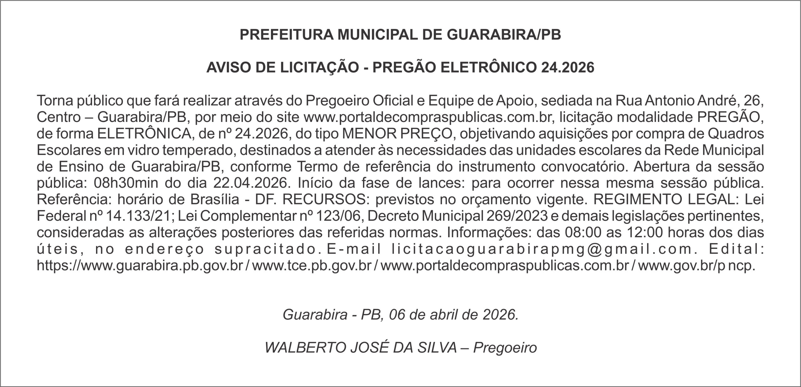 PREFEITURA MUNICIPAL DE GUARABIRA/PB – AVISO DE LICITAÇÃO – PREGÃO ELETRÔNICO 24.2026