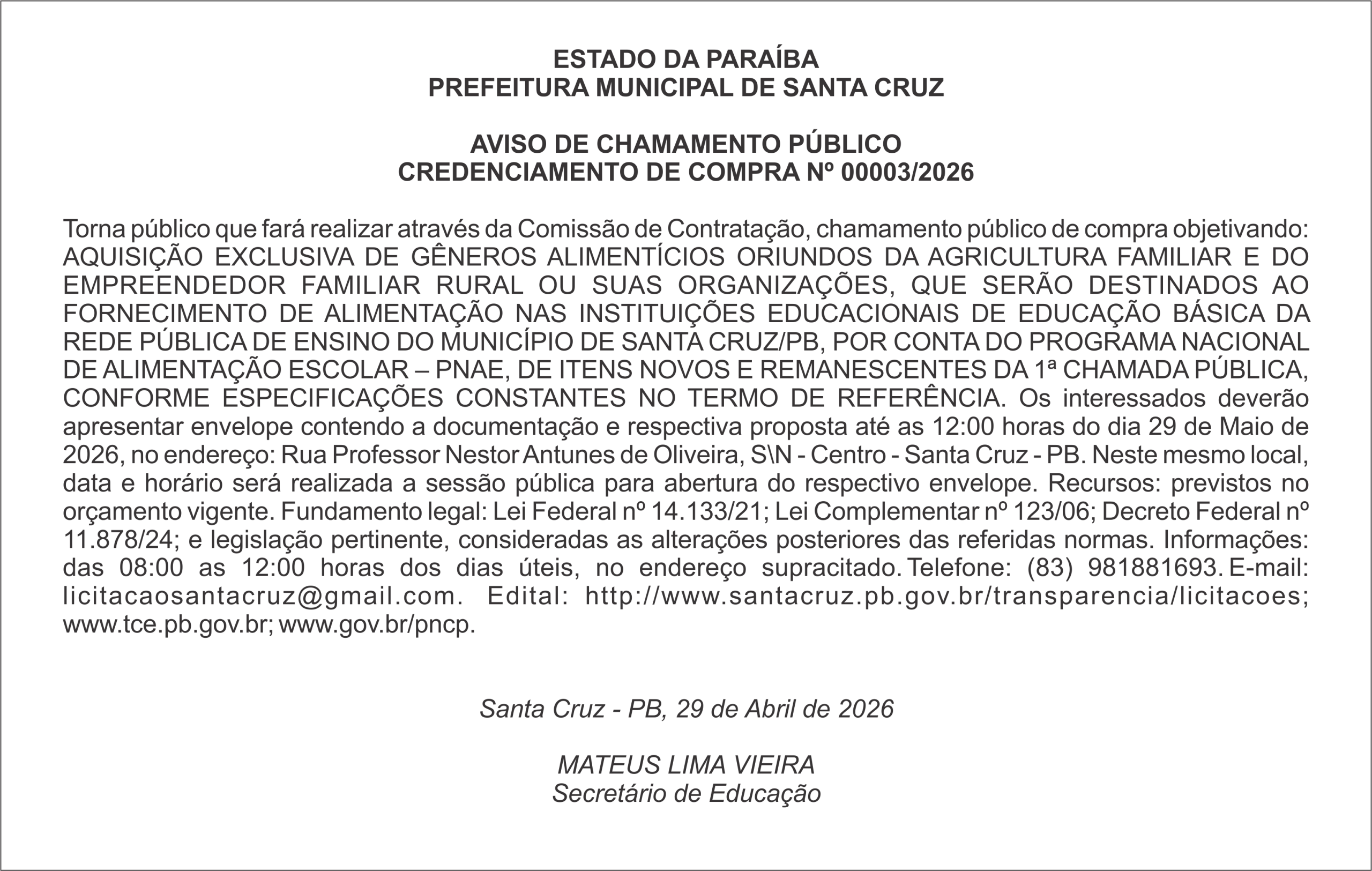 PREFEITURA MUNICIPAL DE SANTA CRUZ  –  AVISO DE CHAMAMENTO PÚBLICO CREDENCIAMENTO DE COMPRA Nº 00003/2026