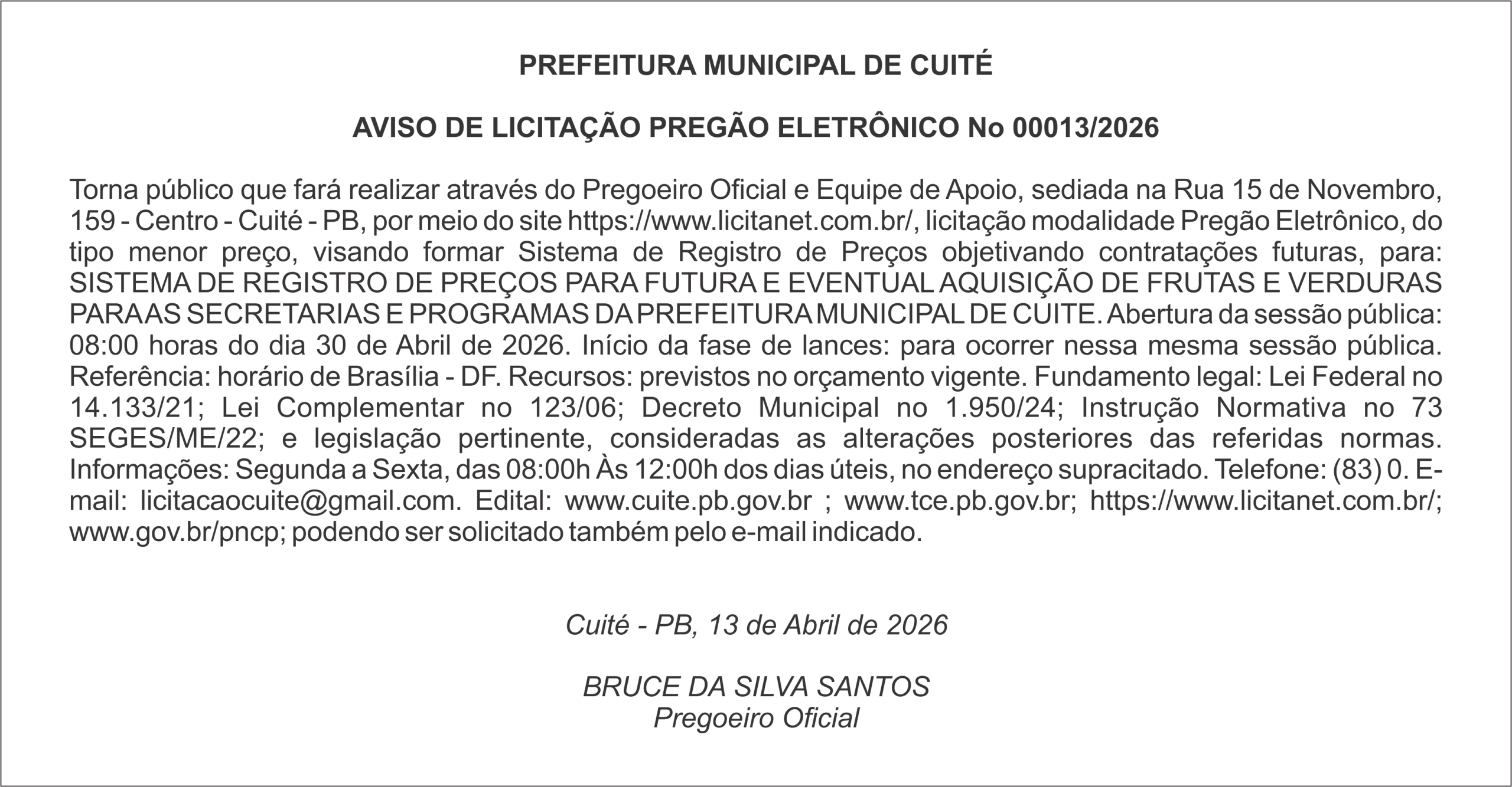 PREFEITURA MUNICIPAL DE CUITÉ  AVISO DE LICITAÇÃO PREGÃO ELETRÔNICO No 00013/2026