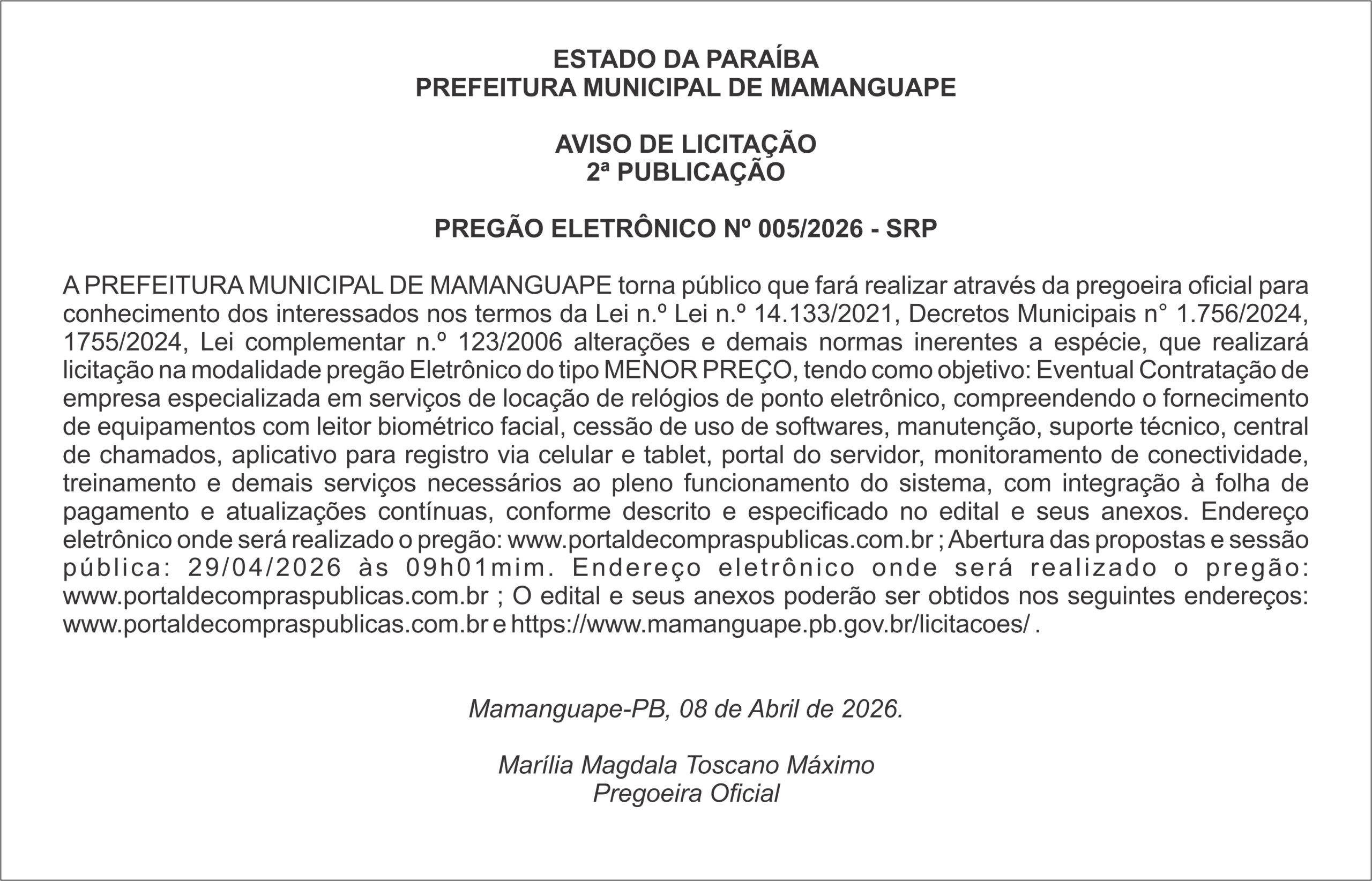 PREFEITURA MUNICIPAL DE MAMANGUAPE – AVISO DE LICITAÇÃO 2ª PUBLICAÇÃO – PREGÃO ELETRÔNICO Nº 005/2026 – SRP