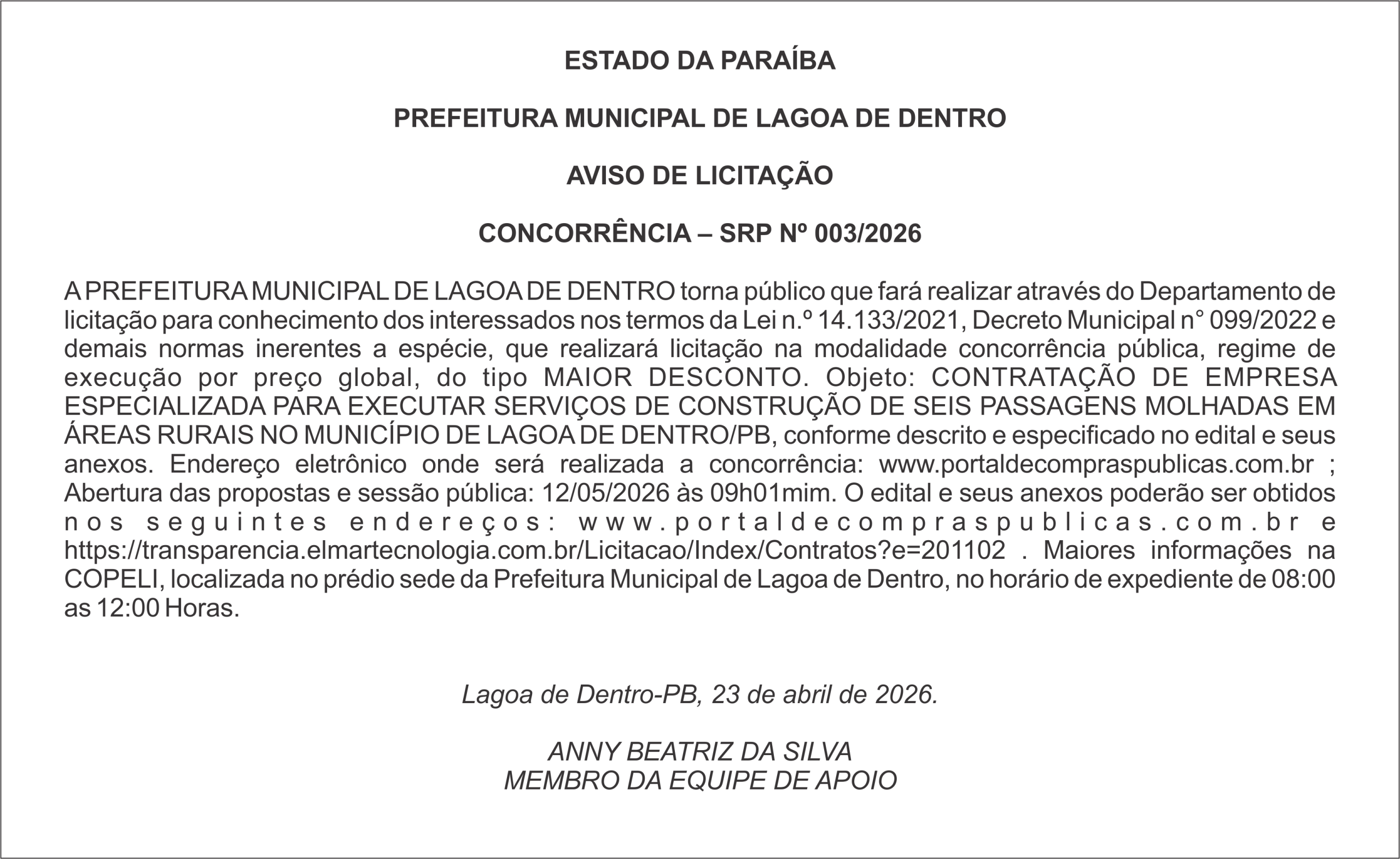 PREFEITURA MUNICIPAL DE LAGOA DE DENTRO – AVISO DE LICITAÇÃO – CONCORRÊNCIA – SRP Nº 003/2026
