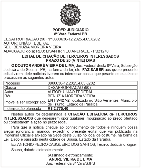 SECRETARIA NACIONAL DE SEGURANÇA HIDRICA – SNSH – MDR – DF – BRASÍLIA – Edital de Citação de Terceiro Interessado – ENTIV-427-2 (BENÚZIA MOREIRA VIEIRA)
