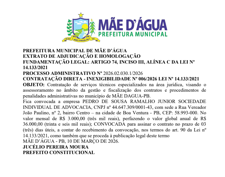 PREFEITURA MUNICIPAL DE MÃE D’ÁGUA – EXTRATO DE ADJUDICAÇÃO E HOMOLOGAÇÃO