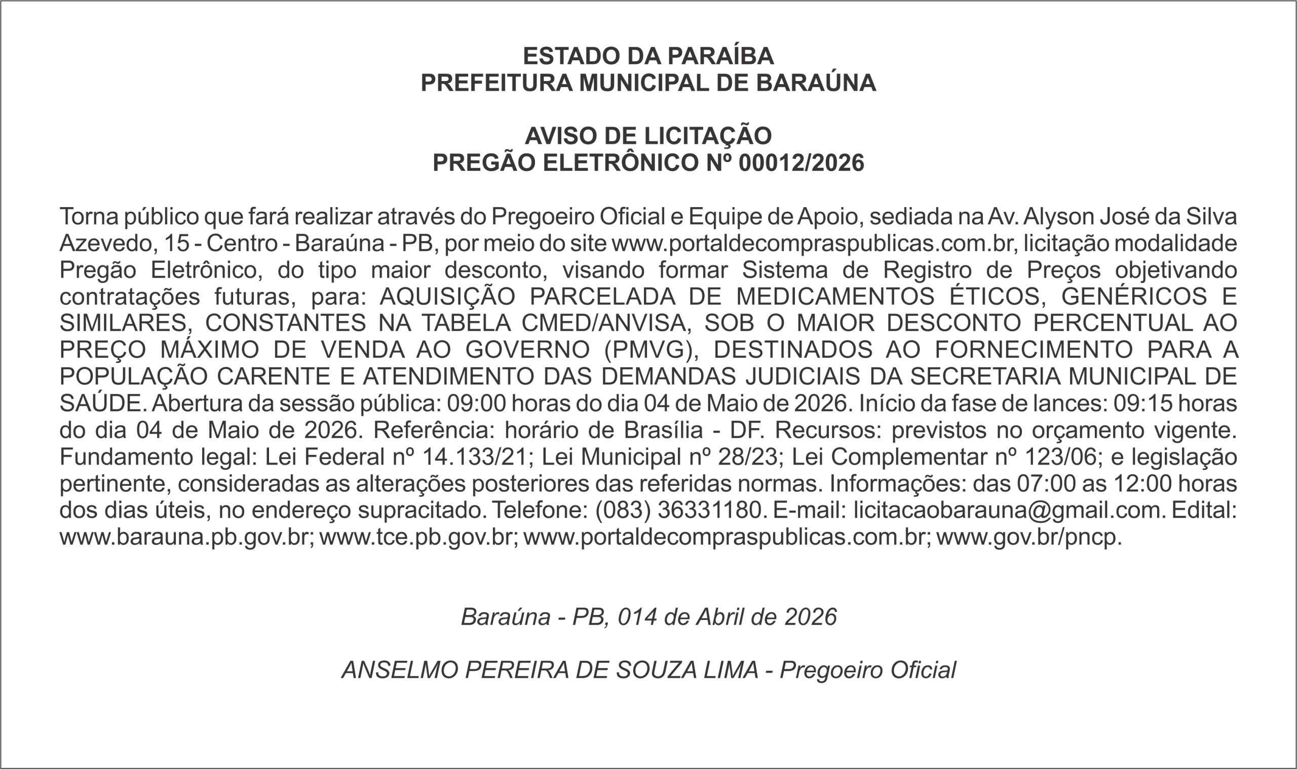 PREFEITURA MUNICIPAL DE BARAÚNA – AVISO DE LICITAÇÃO – PREGÃO ELETRÔNICO Nº 00012/2026