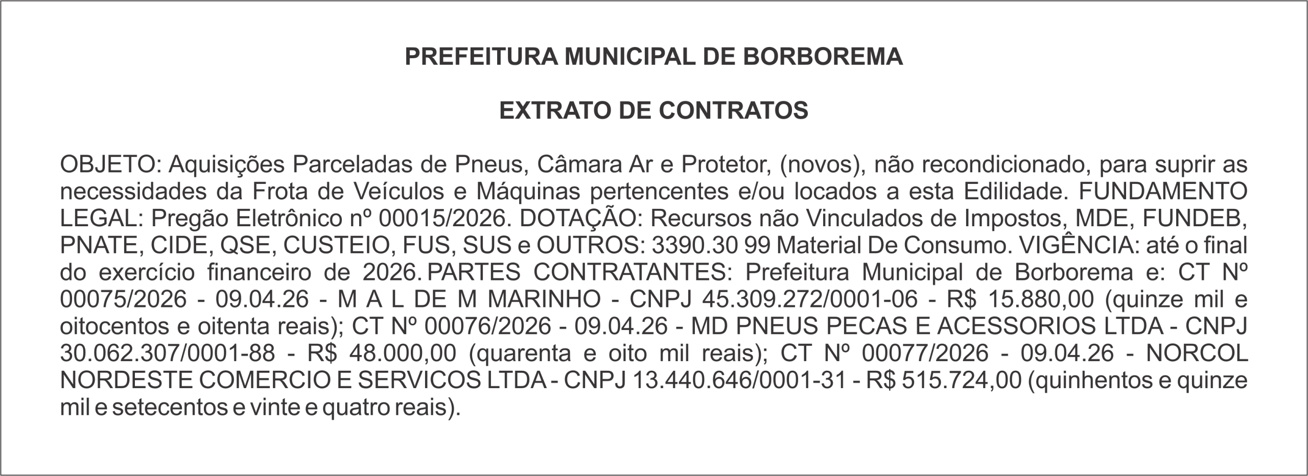 PREFEITURA MUNICIPAL DE BORBOREMA – EXTRATO DE CONTRATOS