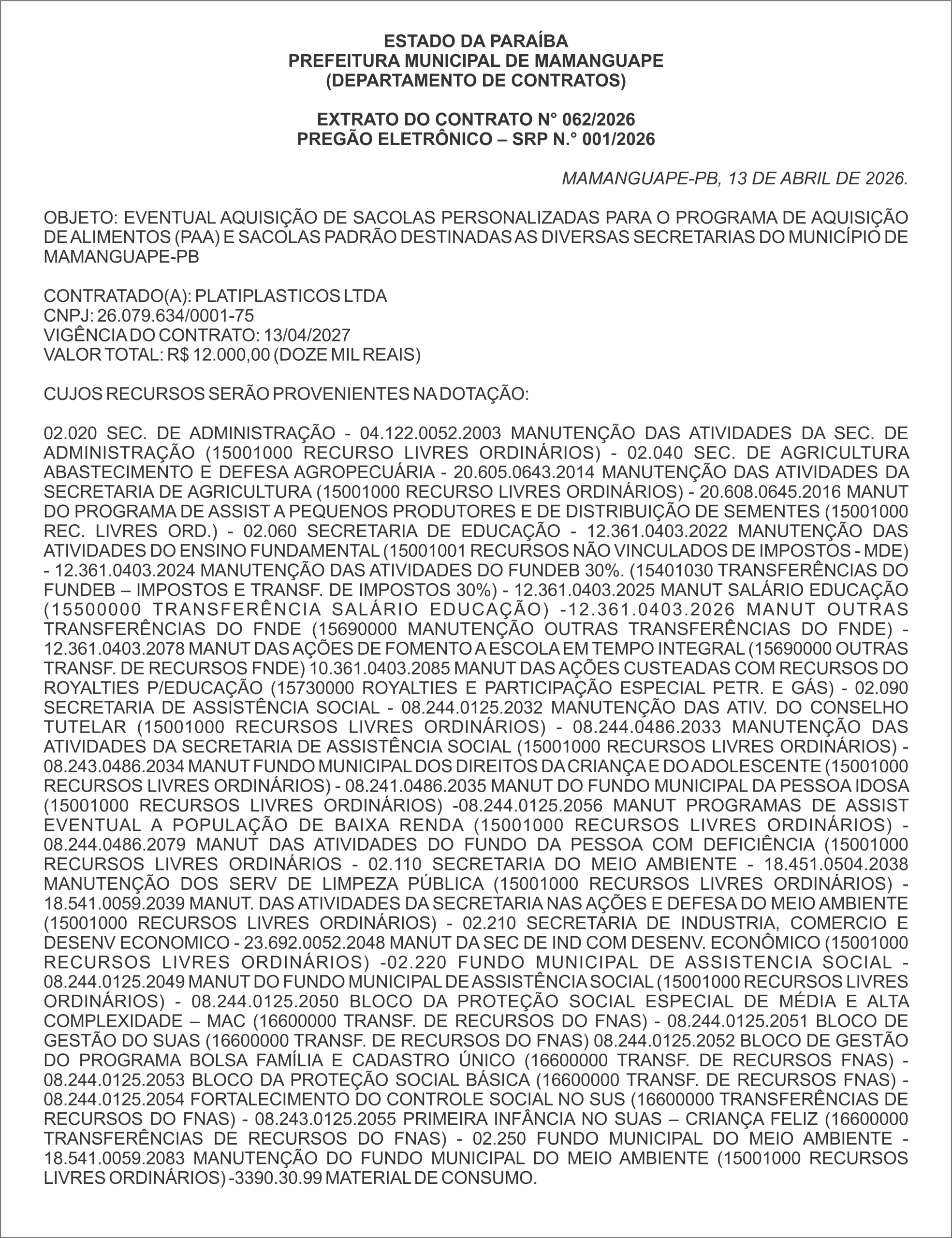 PREFEITURA MUNICIPAL DE MAMANGUAPE – EXTRATO DO CONTRATO N° 062/2026