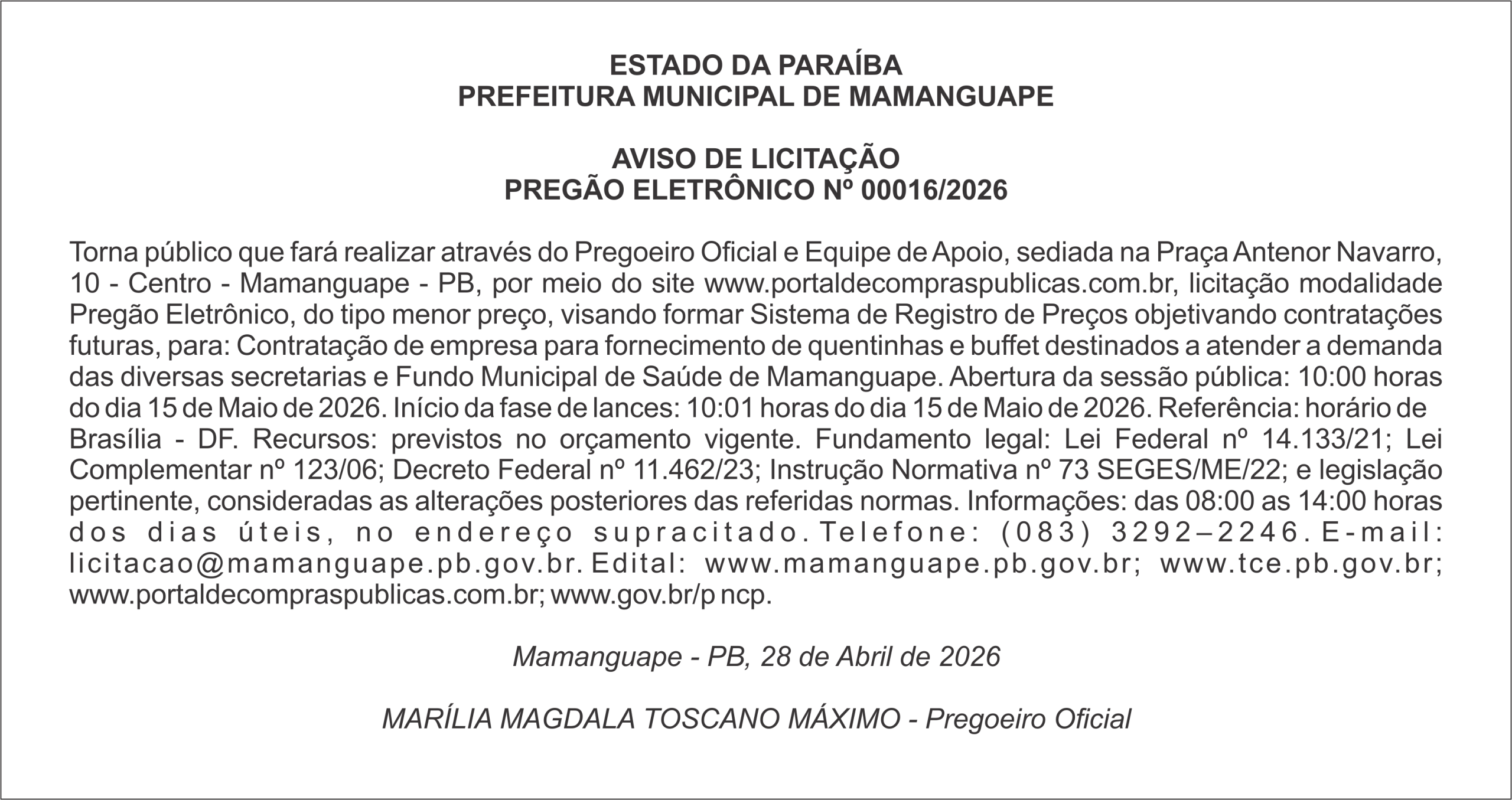 PREFEITURA MUNICIPAL DE MAMANGUAPE – AVISO DE LICITAÇÃO – PREGÃO ELETRÔNICO Nº 00016/2026