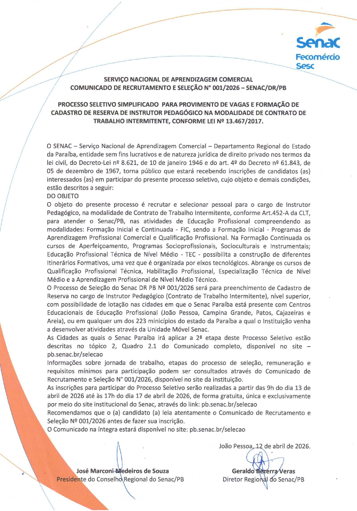 SENAC – COMUNICADO DE RECRUTAMENTO E SELEÇÃO N° 001/2026
