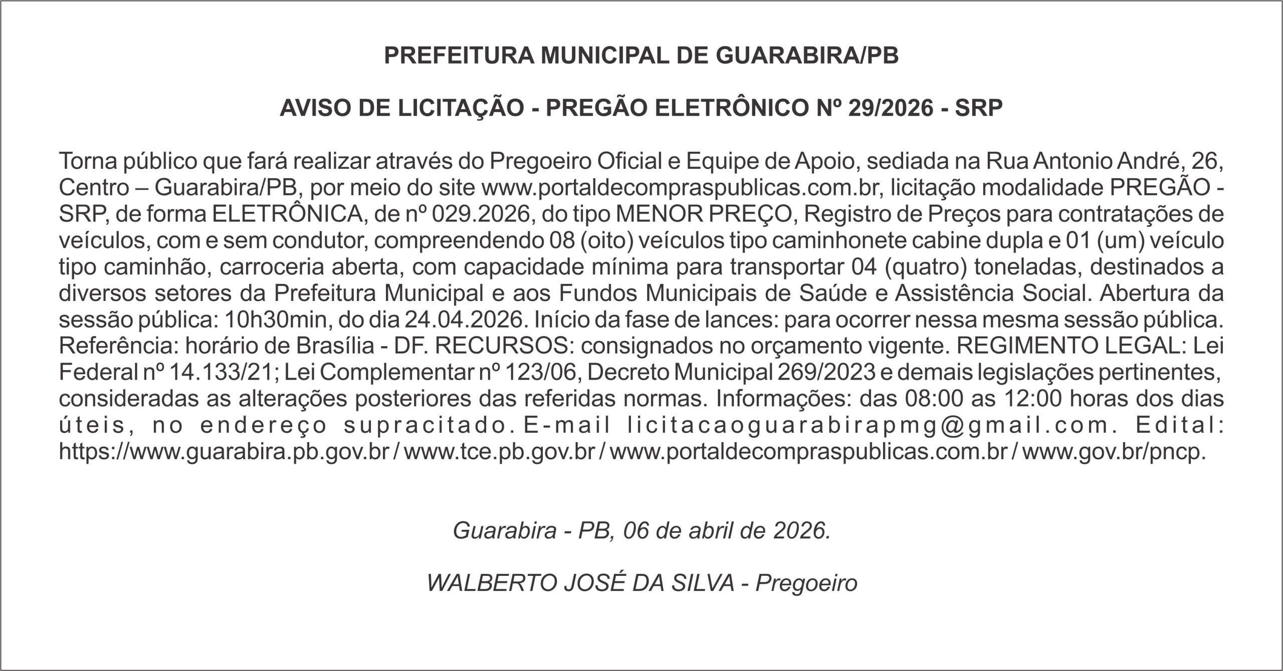 PREFEITURA MUNICIPAL DE GUARABIRA/PB AVISO DE LICITAÇÃO – PREGÃO ELETRÔNICO Nº 29/2026 – SRP