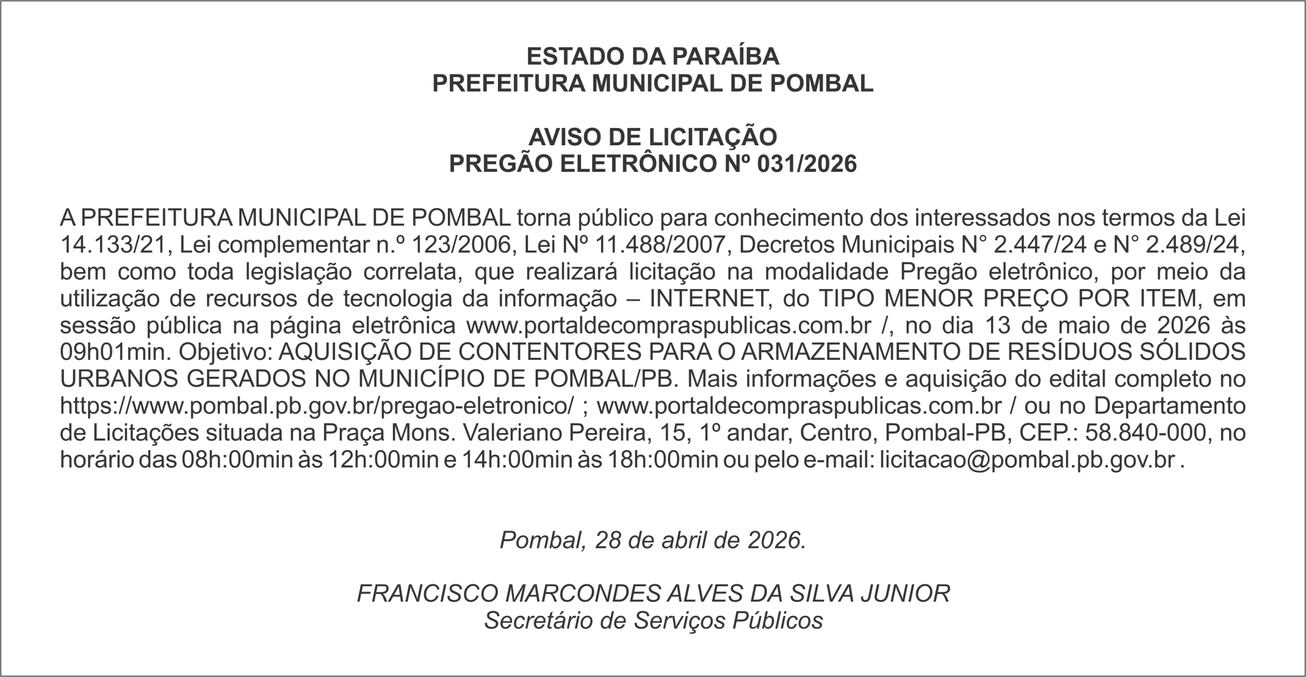 PREFEITURA MUNICIPAL DE POMBAL – AVISO DE LICITAÇÃO – PREGÃO ELETRÔNICO Nº 031/2026