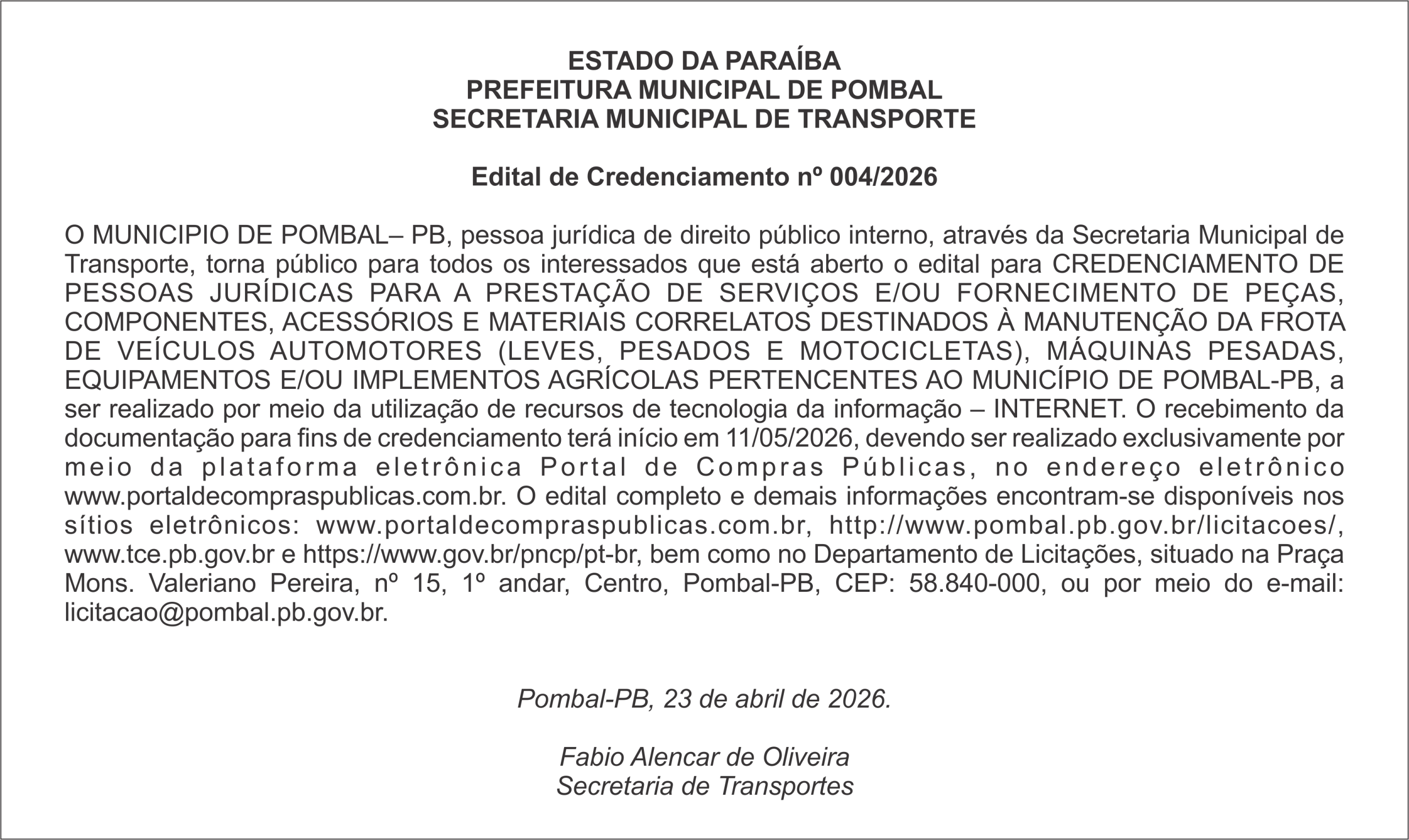 PREFEITURA MUNICIPAL DE POMBAL – Edital de Credenciamento nº 004/2026