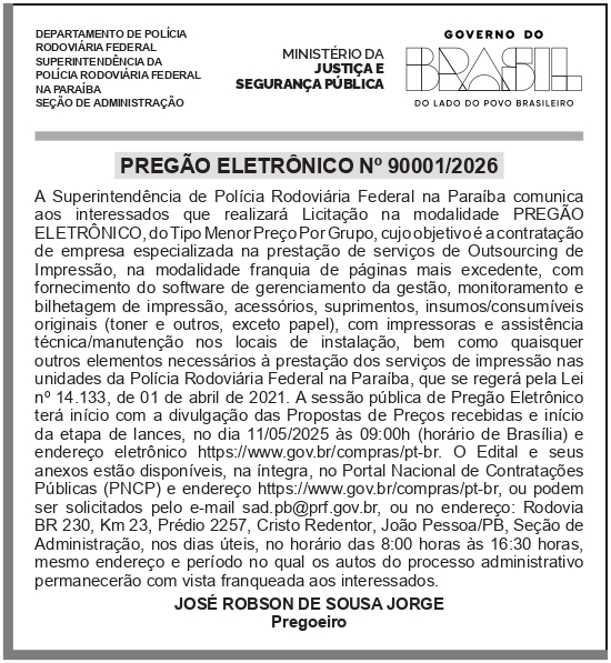 SRPRF – PB – 14° SR – JOÃO PESSOA – Pregão no 90001/2026
