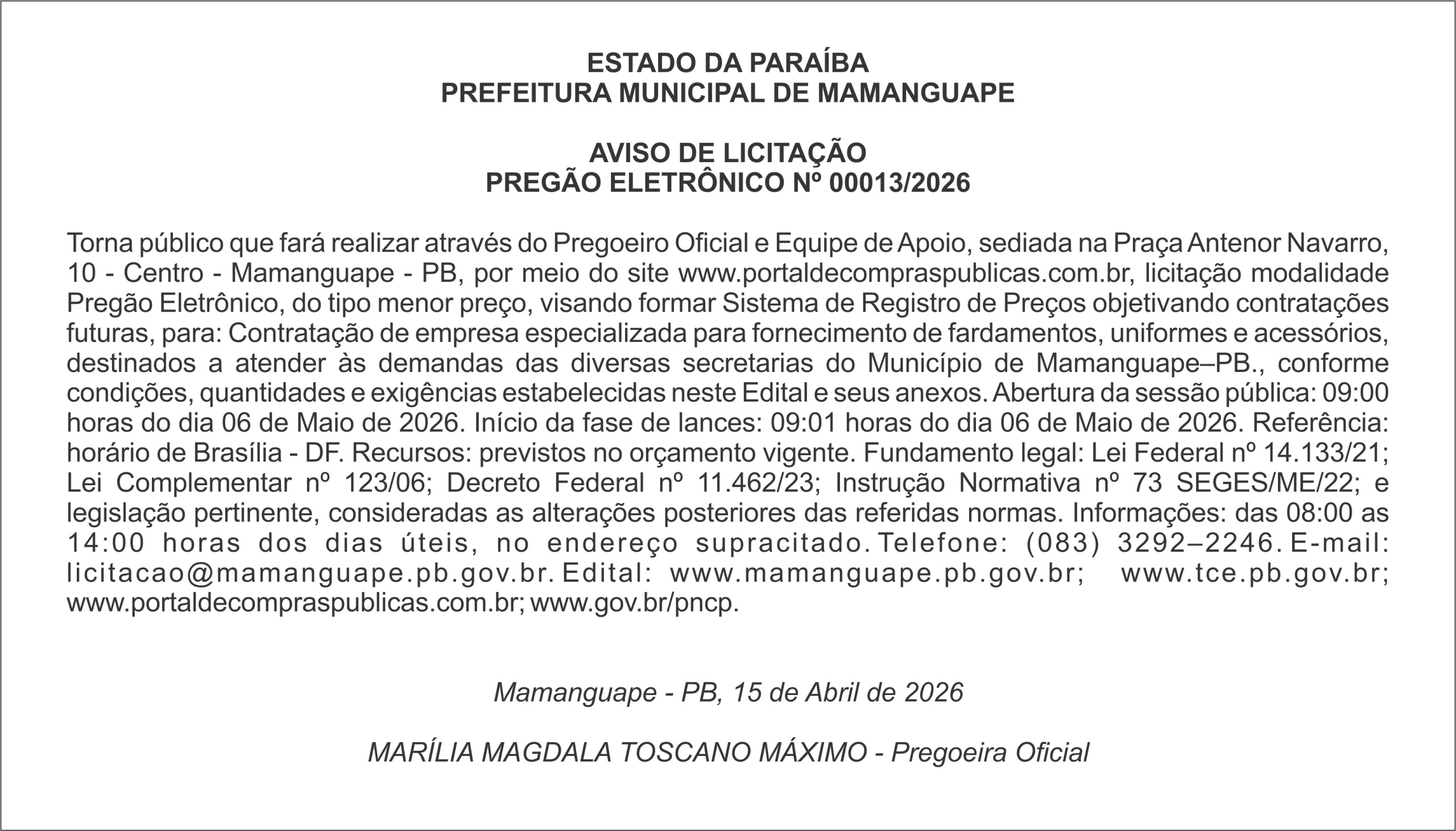 PREFEITURA MUNICIPAL DE MAMANGUAPE – AVISO DE LICITAÇÃO PREGÃO ELETRÔNICO Nº 00013/2026