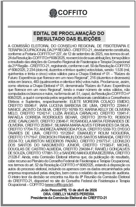 COFFITO – EDITAL DE PROCLAMACAO DO RESULTADO DAS ELEICOES C21