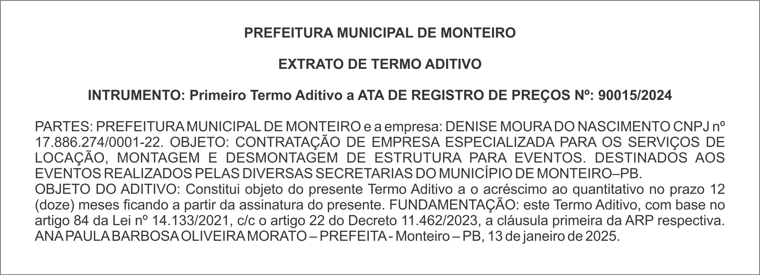 PREFEITURA MUNICIPAL DE MONTEIRO – EXTRATO DE TERMO ADITIVO
