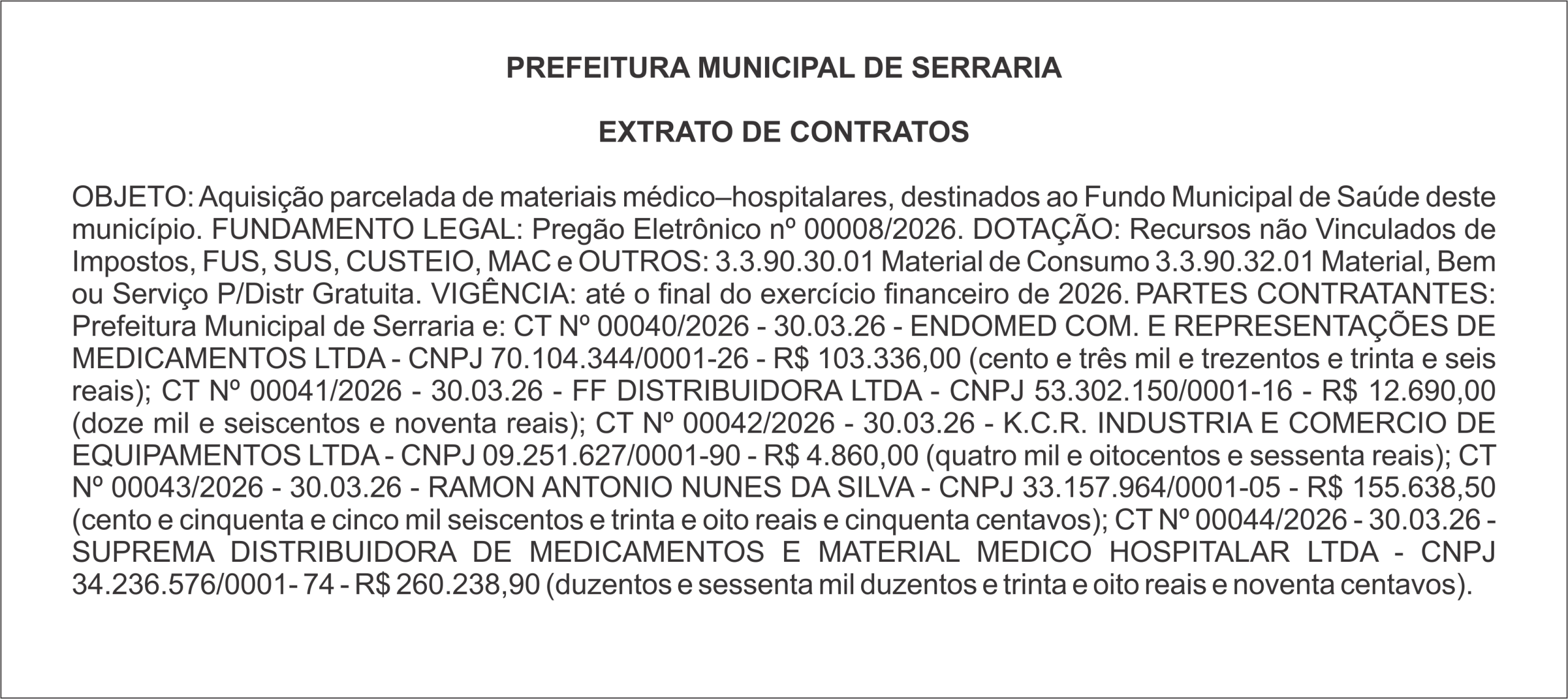 PREFEITURA MUNICIPAL DE SERRARIA – EXTRATO DE CONTRATOS