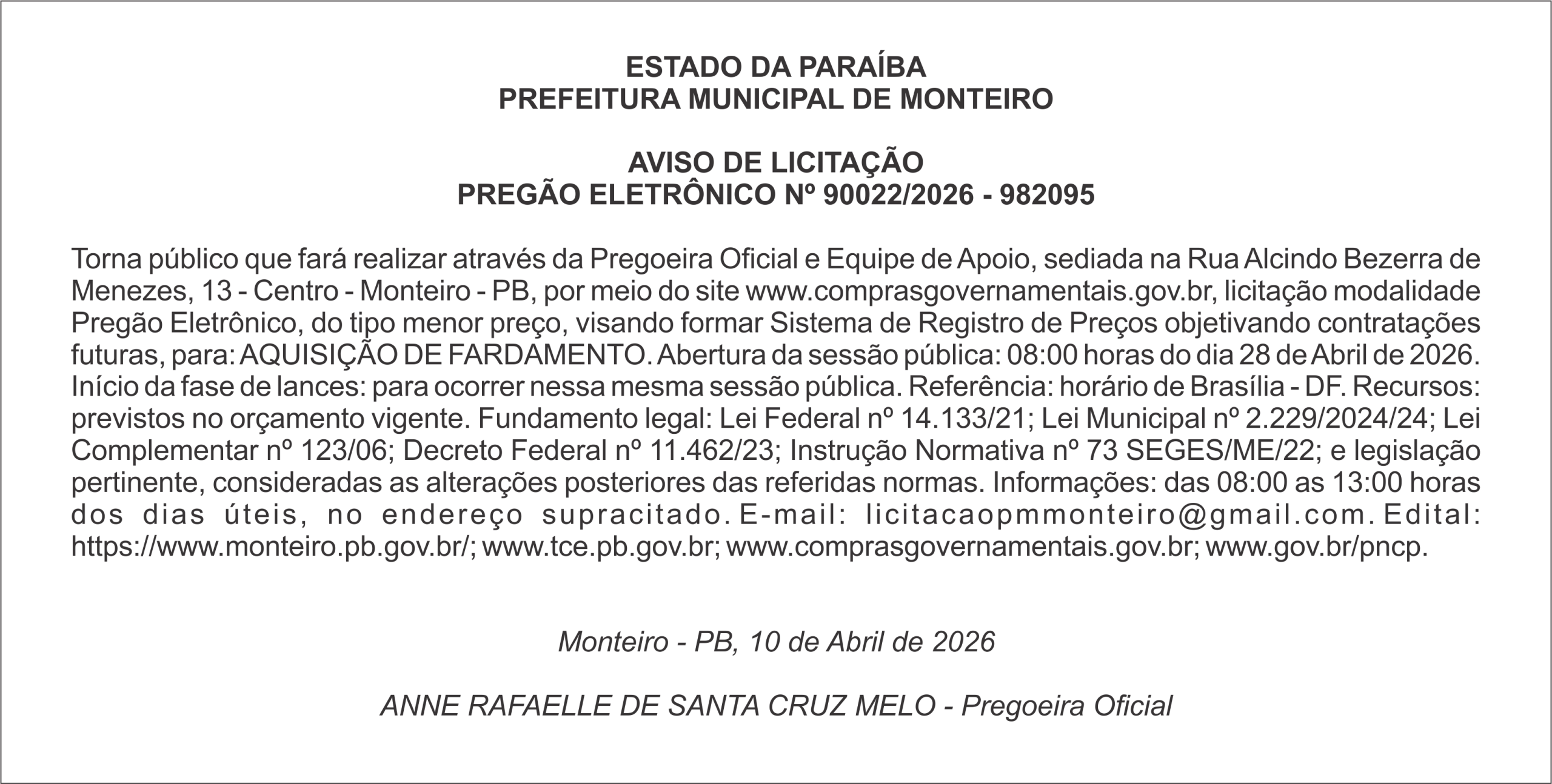 PREFEITURA MUNICIPAL DE MONTEIRO – AVISO DE LICITAÇÃO PREGÃO ELETRÔNICO Nº 90022/2026 – 982095