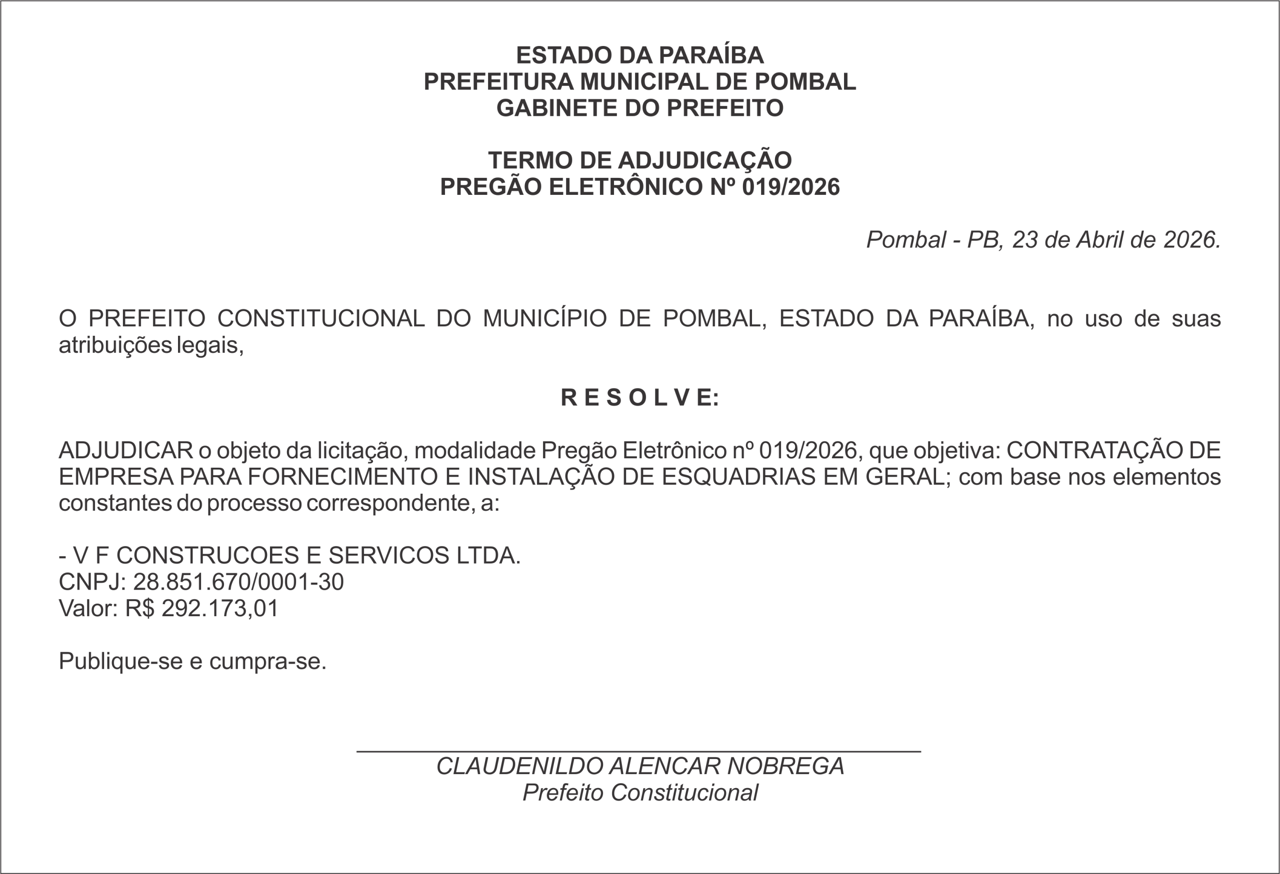 PREFEITURA MUNICIPAL DE POMBAL – TERMO DE ADJUDICAÇÃO PREGÃO ELETRÔNICO Nº 019/2026