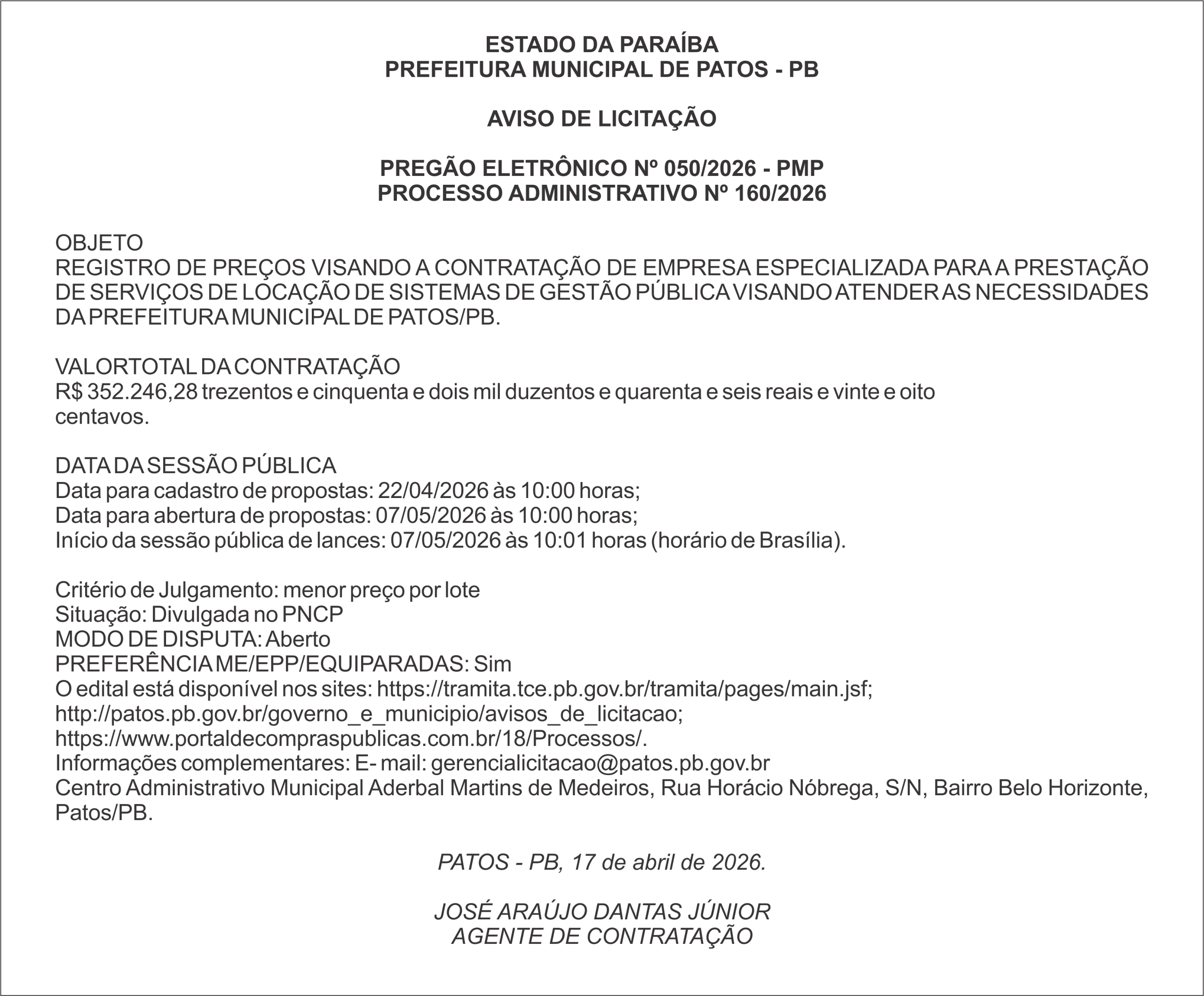 PREFEITURA MUNICIPAL DE PATOS – PB – PREGÃO ELETRÔNICO Nº 050/2026 – PMP