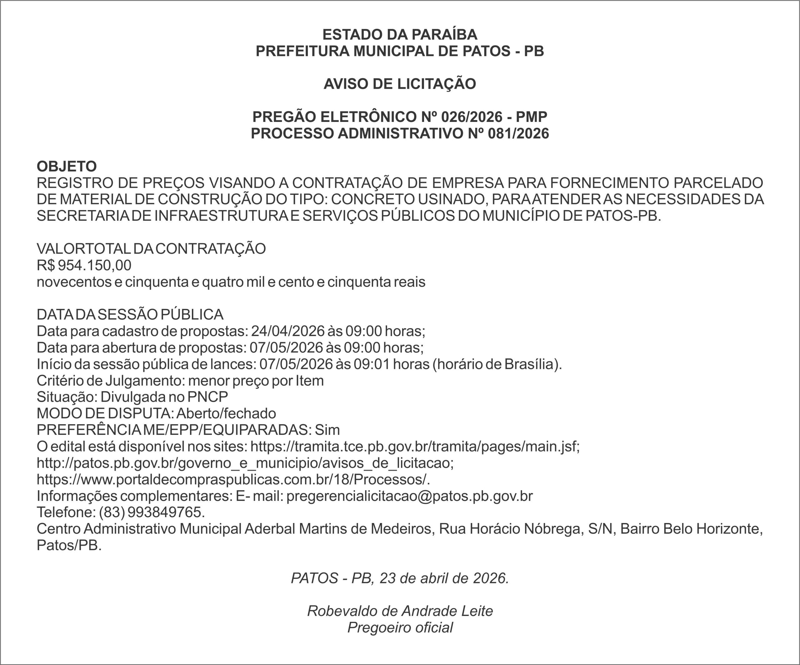 PREFEITURA MUNICIPAL DE PATOS – PB – PREGÃO ELETRÔNICO Nº 026/2026 – PMP