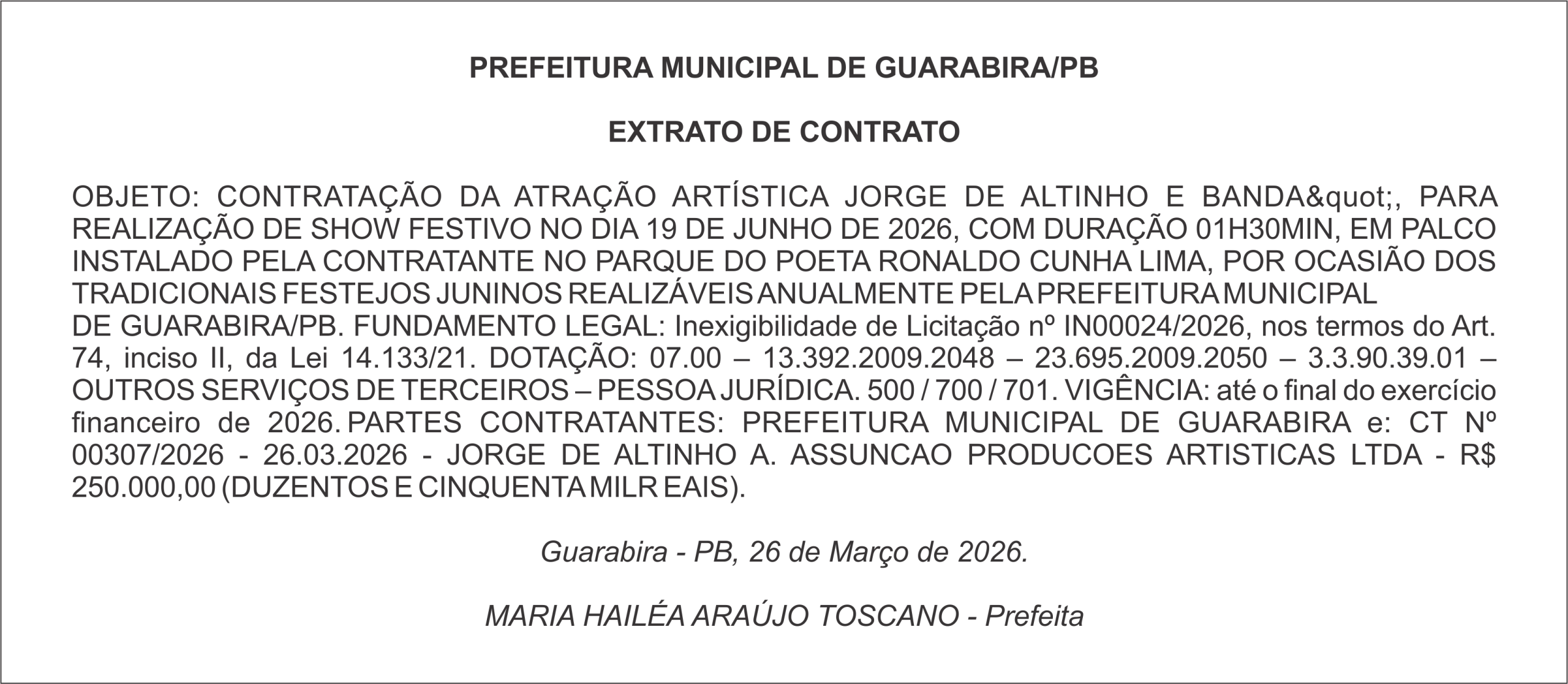 PREFEITURA MUNICIPAL DE GUARABIRA/PB – EXTRATO DE CONTRATO