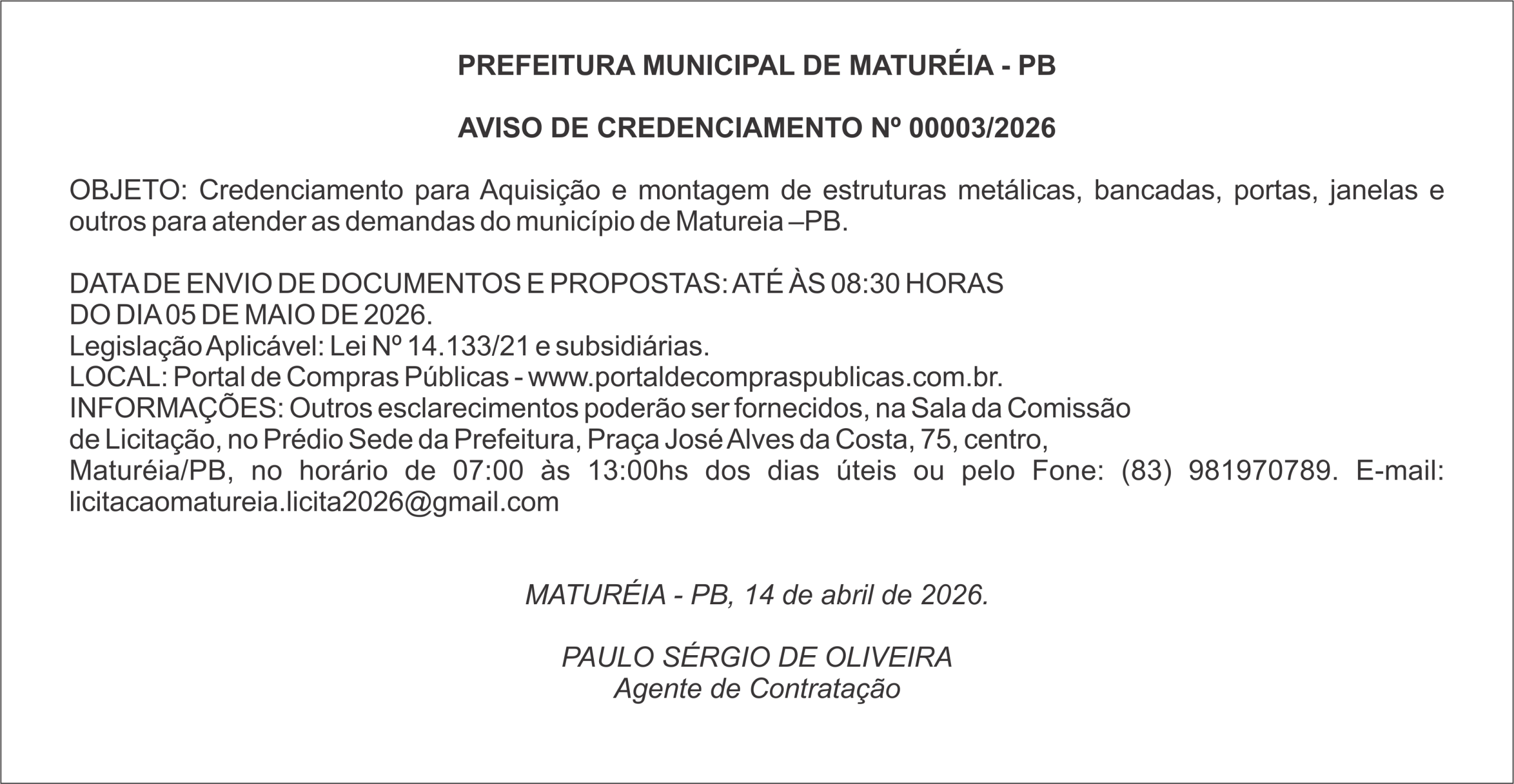 PREFEITURA MUNICIPAL DE MATURÉIA – PB – AVISO DE CREDENCIAMENTO Nº 00003/2026