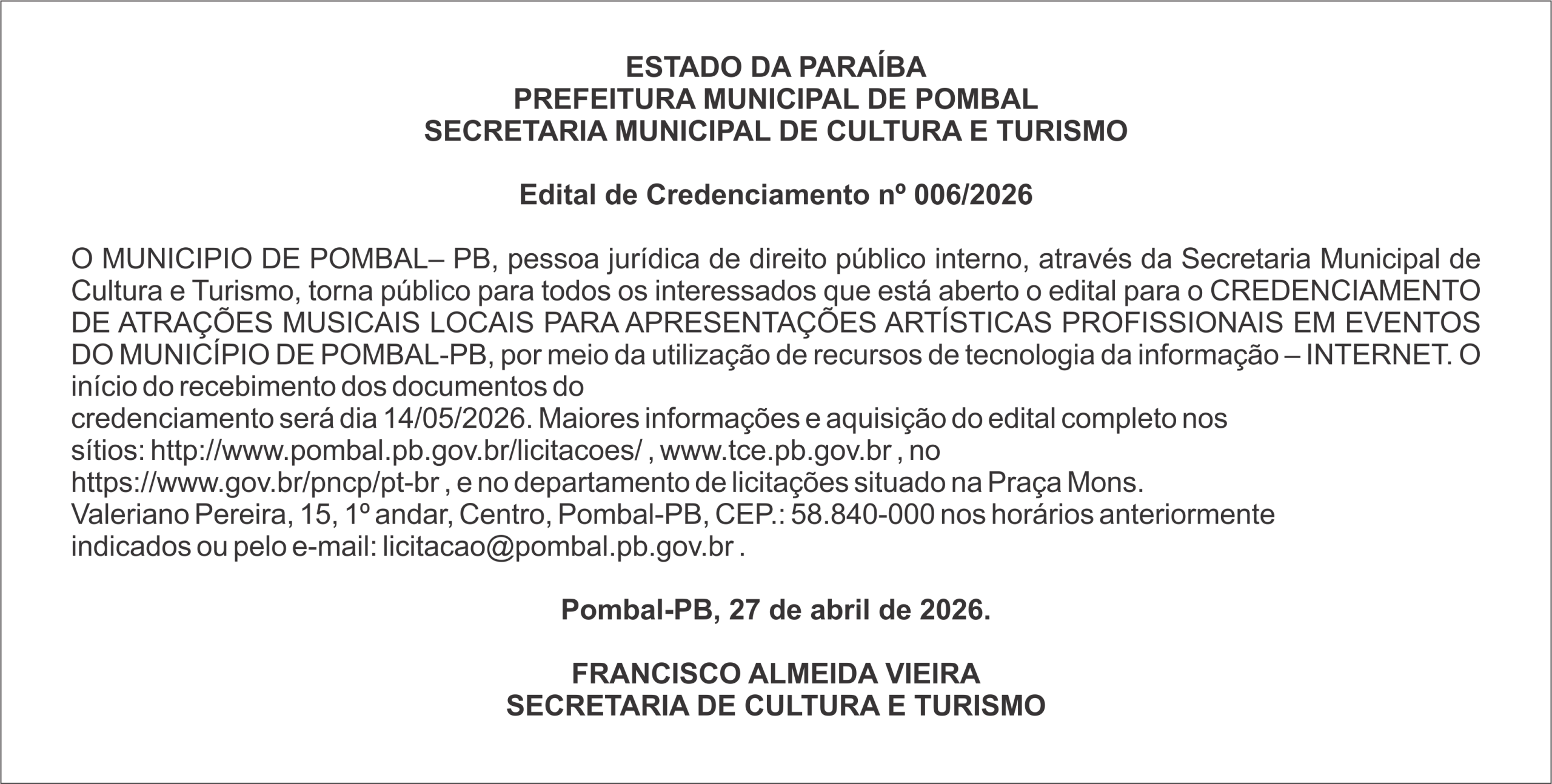 PREFEITURA MUNICIPAL DE POMBAL – Edital de Credenciamento nº 006/2026
