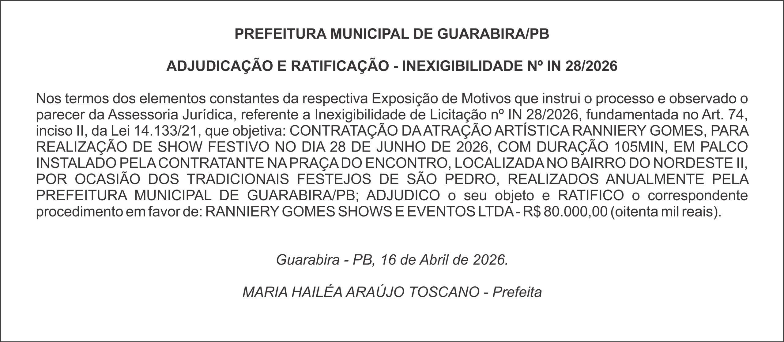 PREFEITURA MUNICIPAL DE GUARABIRA/PB – ADJUDICAÇÃO E RATIFICAÇÃO – INEXIGIBILIDADE Nº IN 28/2026