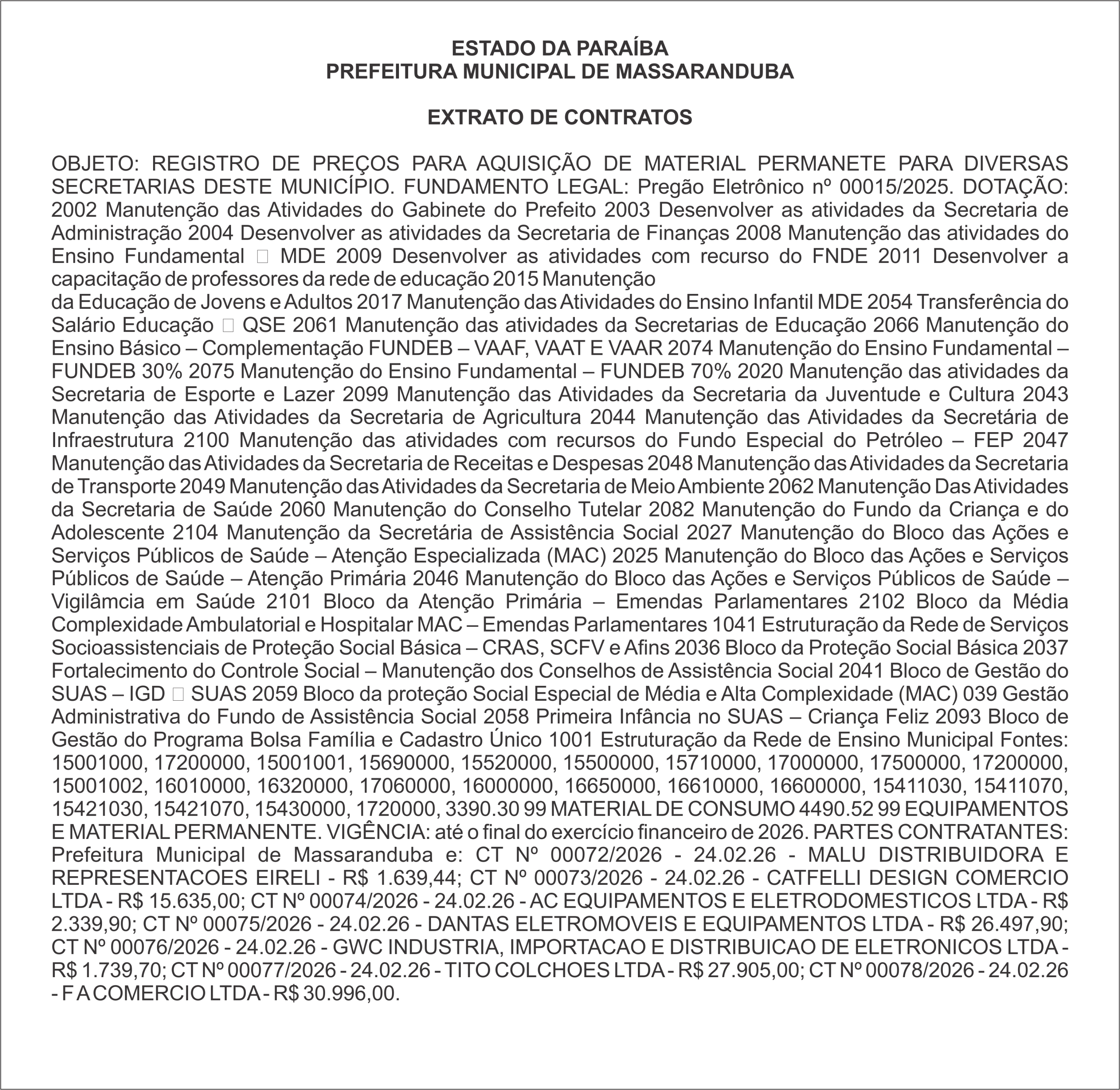 PREFEITURA MUNICIPAL DE MASSARANDUBA – EXTRATO DE CONTRATOS