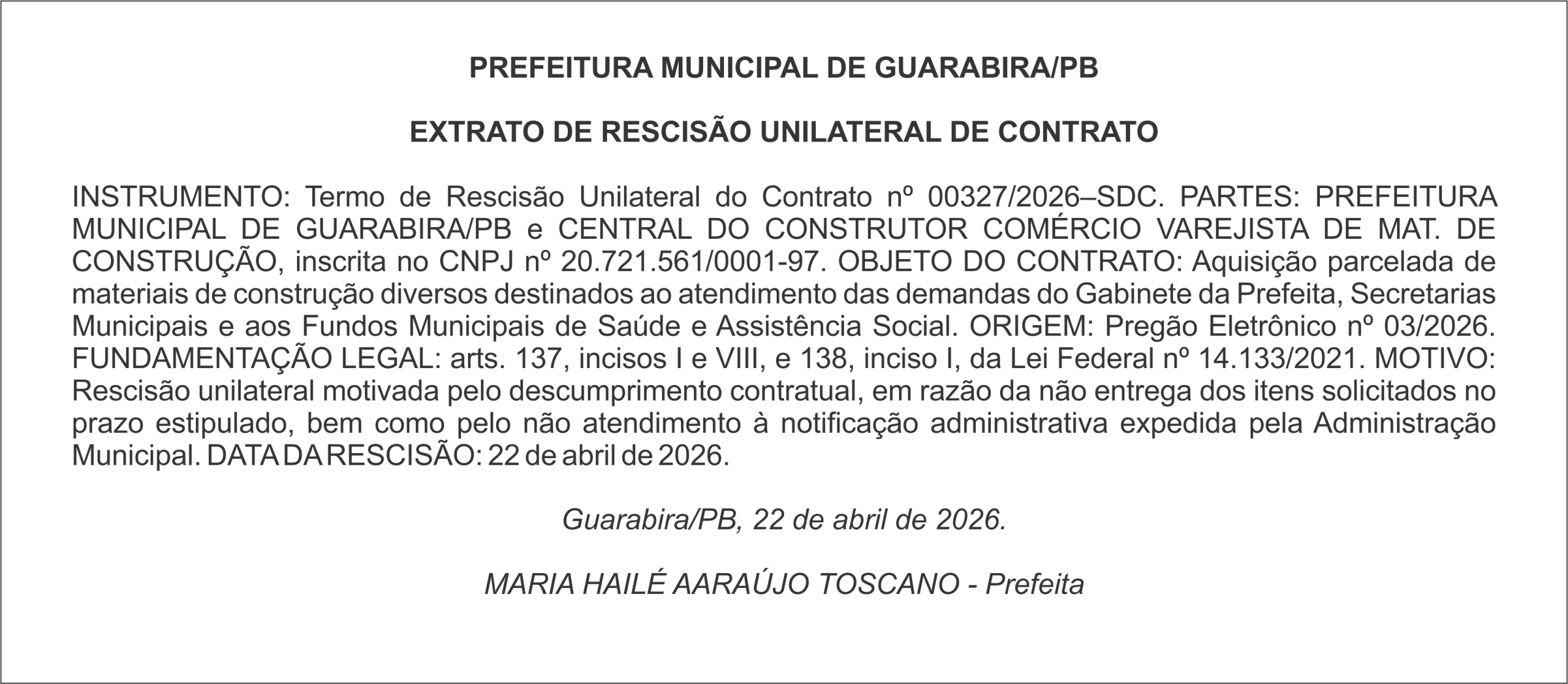 PREFEITURA MUNICIPAL DE GUARABIRA/PB – EXTRATO DE RESCISÃO UNILATERAL DE CONTRATO
