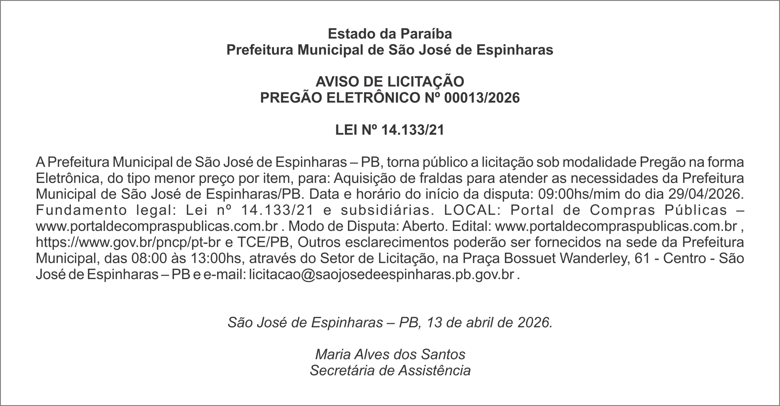 PREFEITURA DE SÃO JOSÉ DE ESPINHARAS – AVISO DE LICITAÇÃO PREGÃO ELETRÔNICO Nº 00013/2026