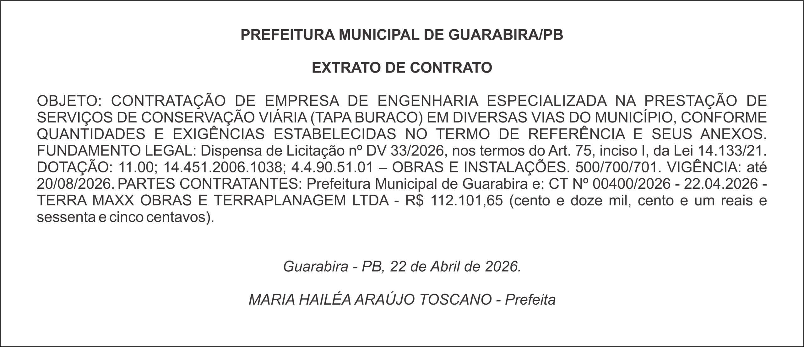 PREFEITURA MUNICIPAL DE GUARABIRA/PB – EXTRATO DE CONTRATO