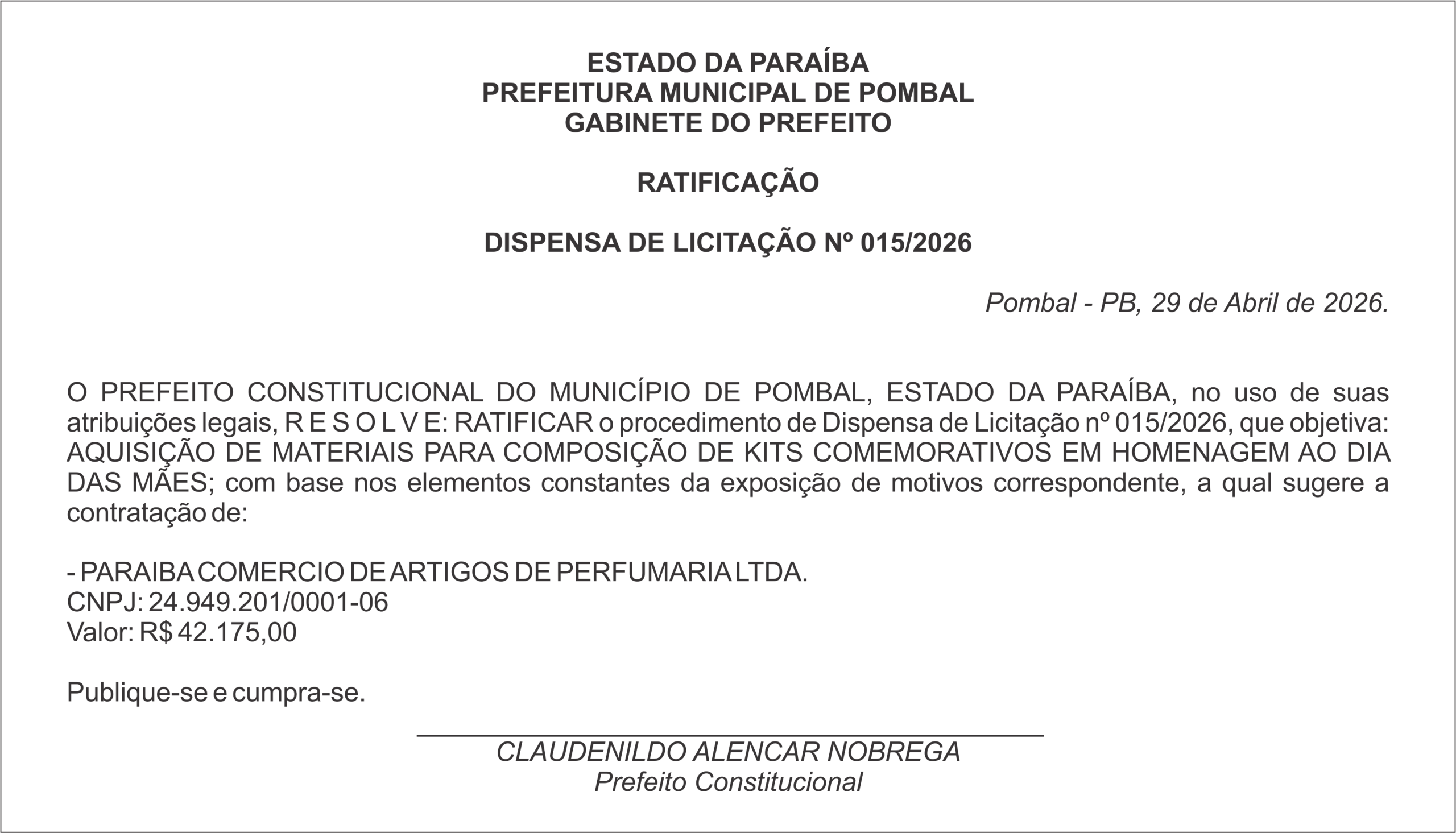 PREFEITURA MUNICIPAL DE POMBAL – RATIFICAÇÃO – DISPENSA DE LICITAÇÃO Nº 015/2026
