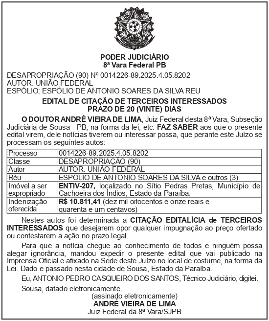 SECRETARIA NACIONAL DE SEGURANÇA HIDRICA – SNSH – MDR – DF – BRASÍLIA – Edital de Citação de Terceiro Interessado – ENTIV-207 ( ESPÓLIO DE ANTÔNIO SOARES DA SILVA)