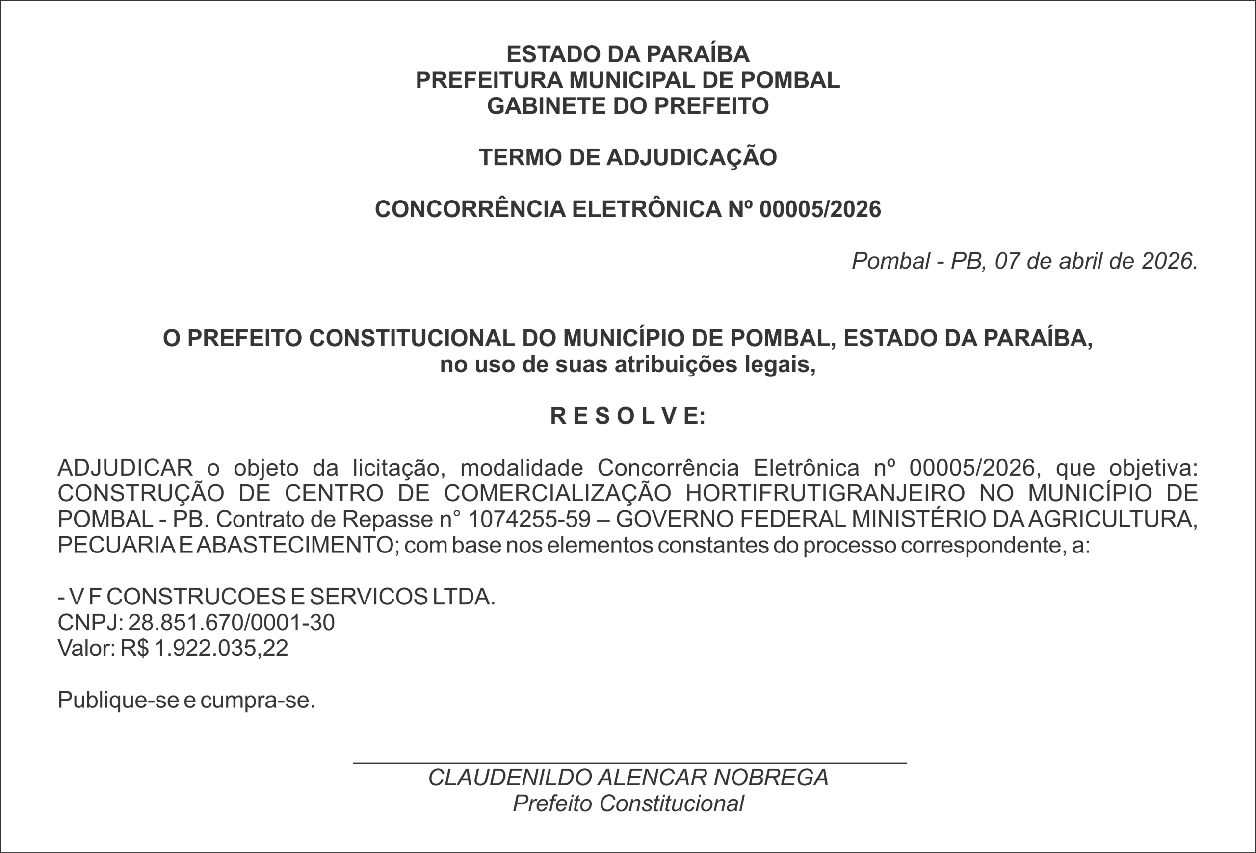 PREFEITURA MUNICIPAL DE POMBAL – TERMO DE ADJUDICAÇÃO – CONCORRÊNCIA ELETRÔNICA Nº 00005/2026