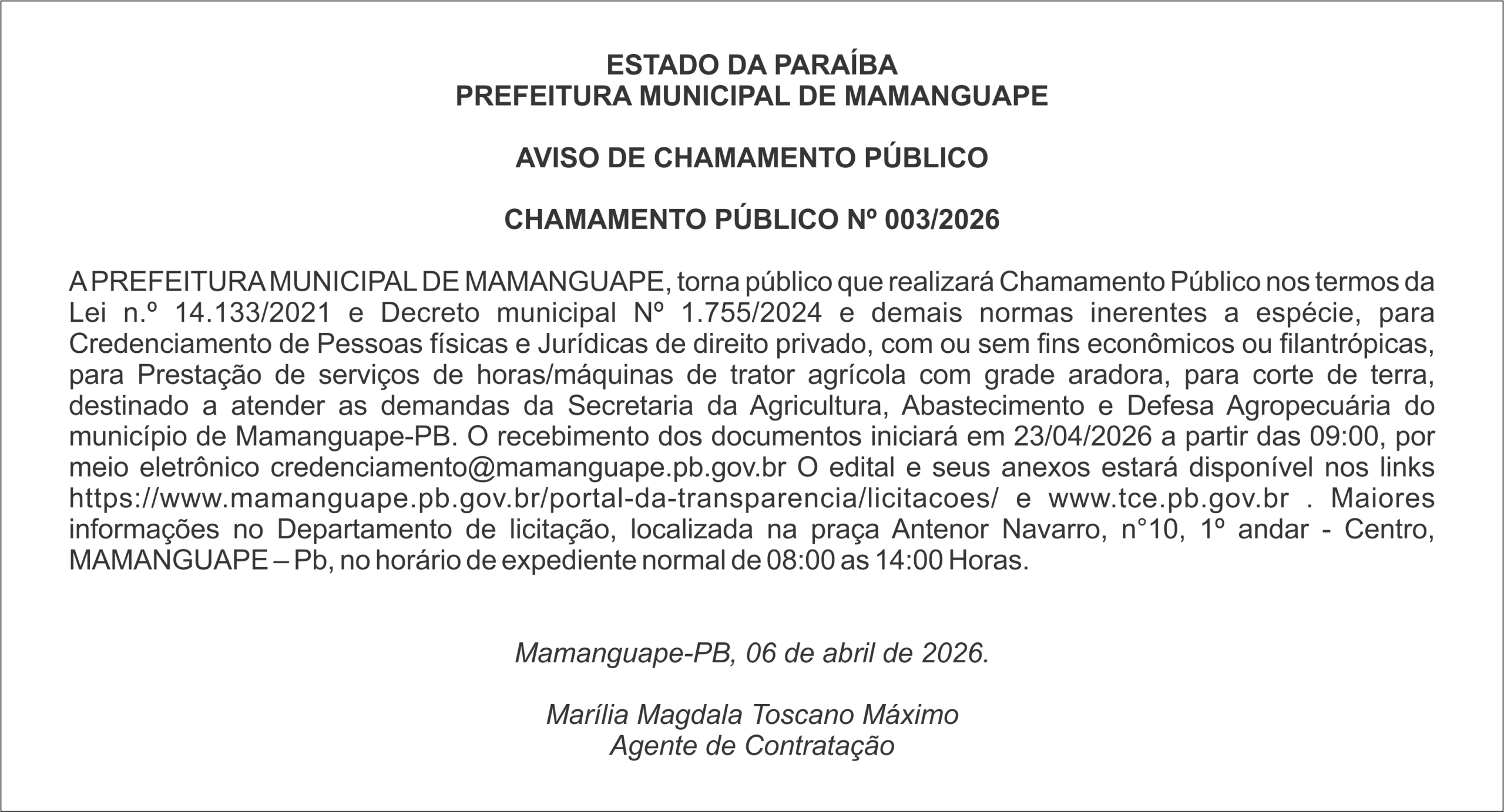 PREFEITURA MUNICIPAL DE MAMANGUAPE  AVISO DE CHAMAMENTO PÚBLICO  CHAMAMENTO PÚBLICO Nº 003/2026