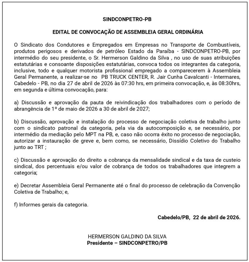 SINDCONPETRO-PB – EDITAL DE CONVOCAÇÃO DE ASSEMBLEIA GERAL ORDINÁRIA