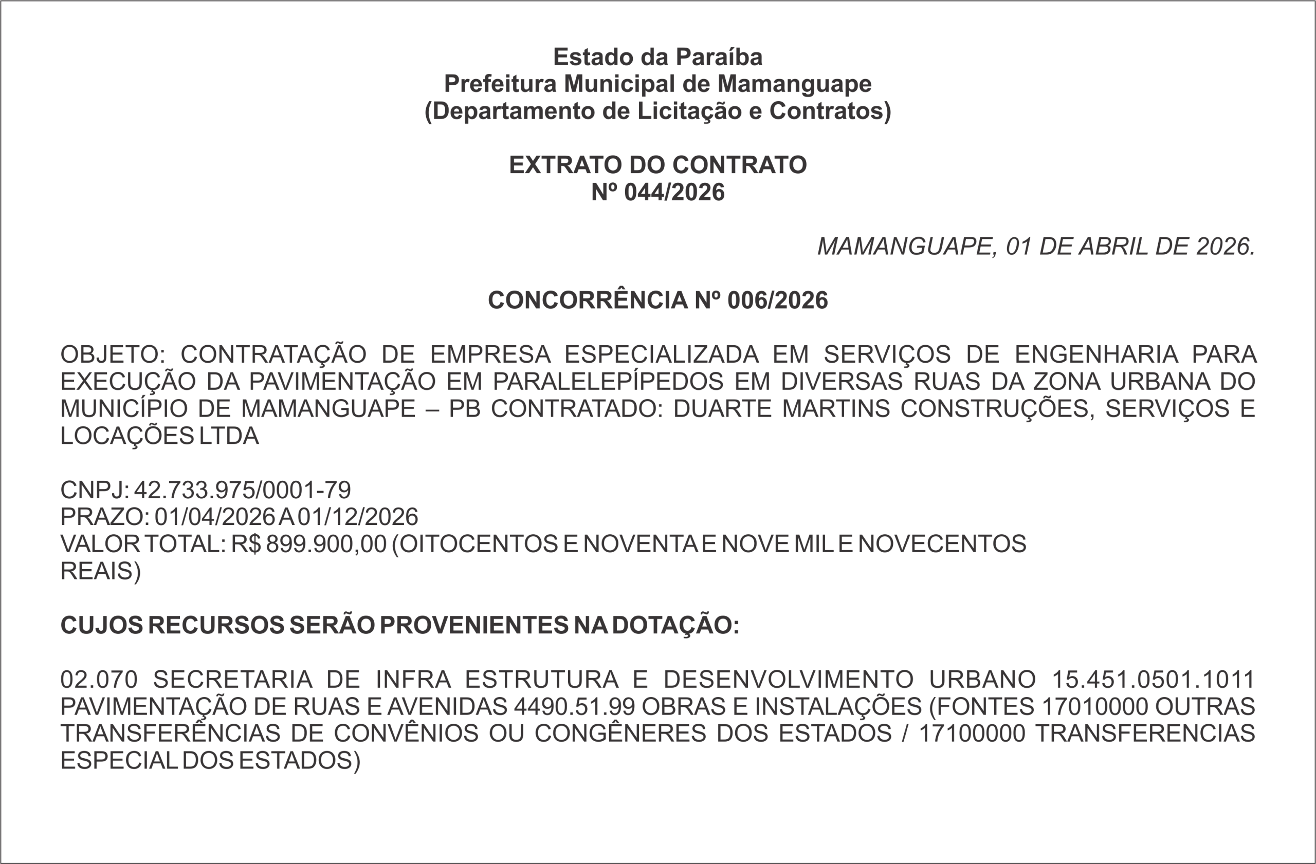 PREFEITURA MUNICIPAL DE MAMANGUAPE –EXTRATO DO CONTRATO Nº 044/2026
