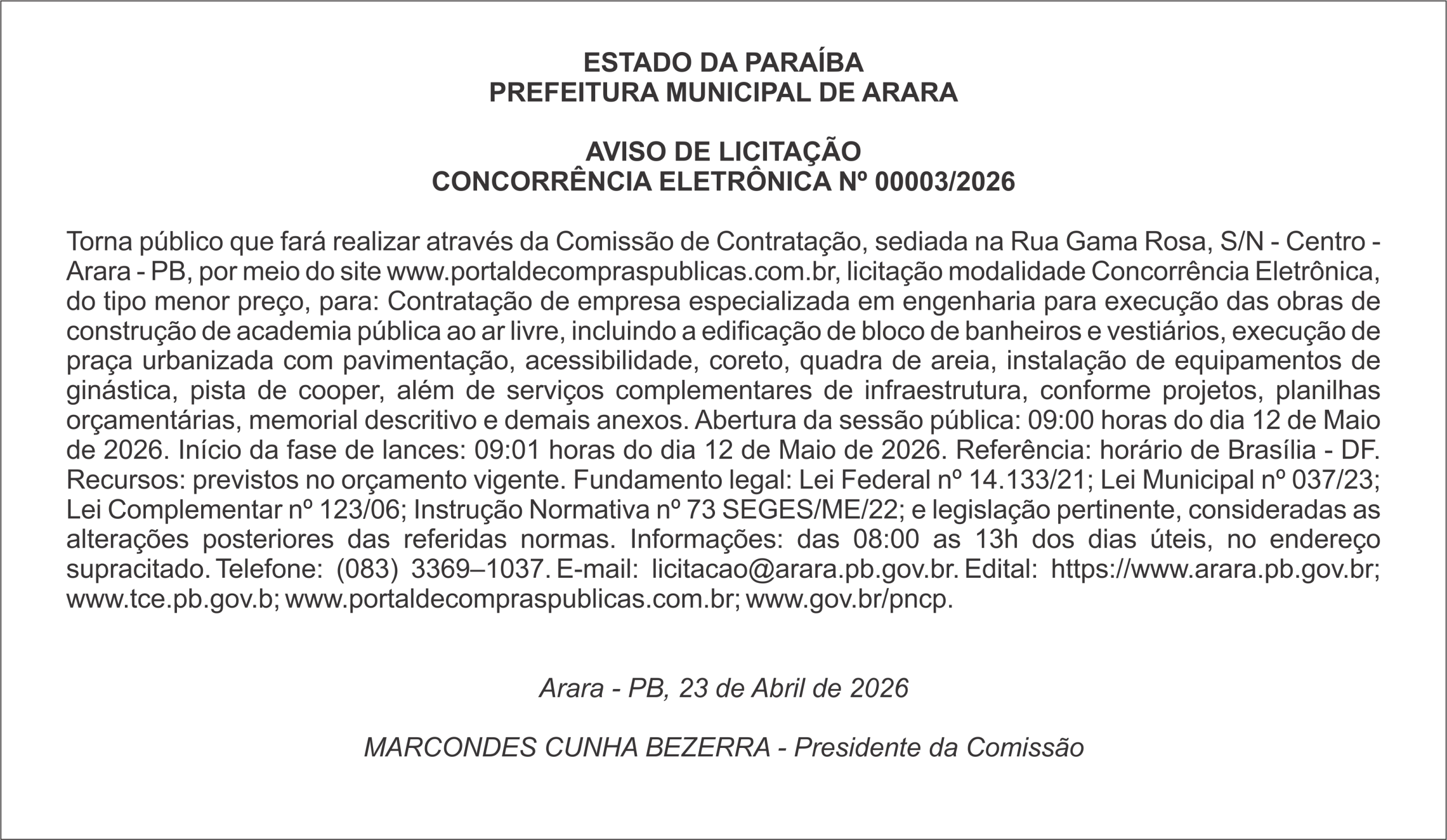 PREFEITURA MUNICIPAL DE ARARA – AVISO DE LICITAÇÃO CONCORRÊNCIA ELETRÔNICA Nº 00003/2026