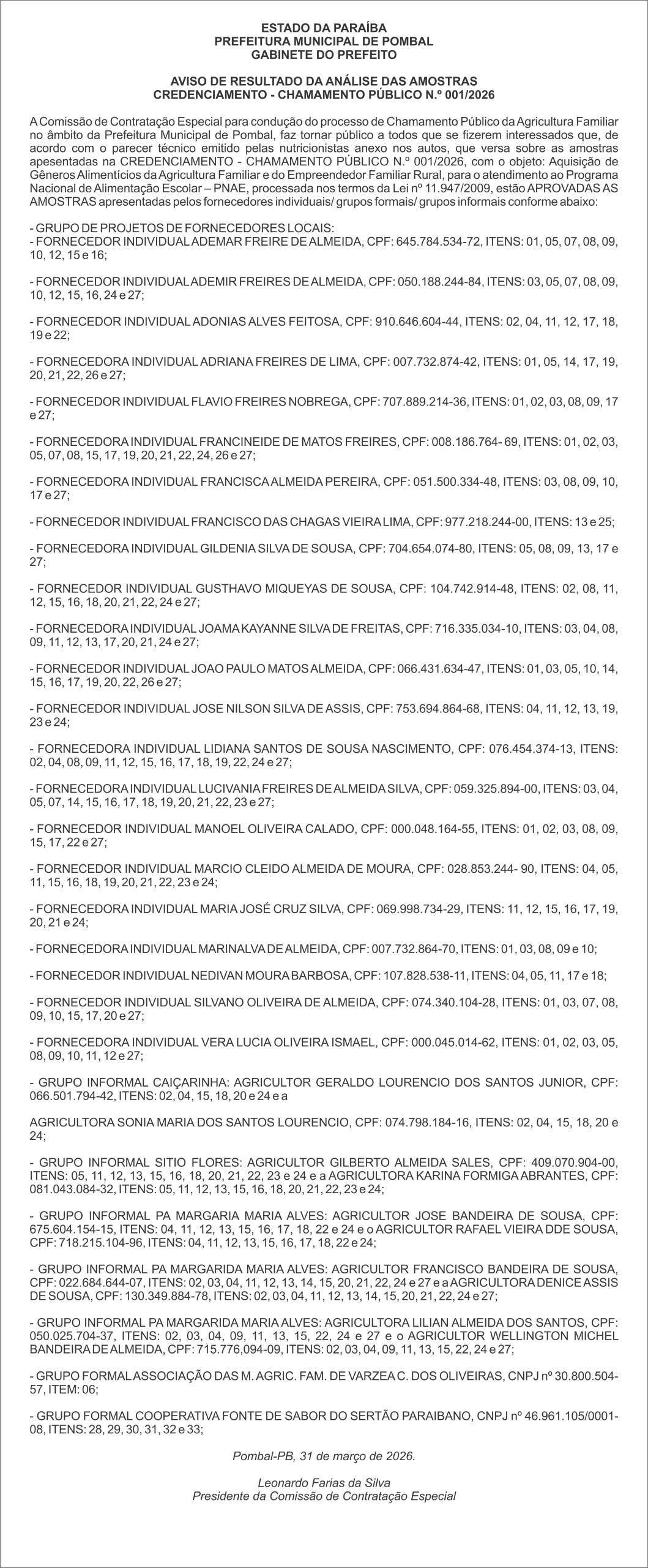 PREFEITURA MUNICIPAL DE POMBAL – AVISO DE RESULTADO DA ANÁLISE DAS AMOSTRAS CREDENCIAMENTO – CHAMAMENTO PÚBLICO N.º 001/2026
